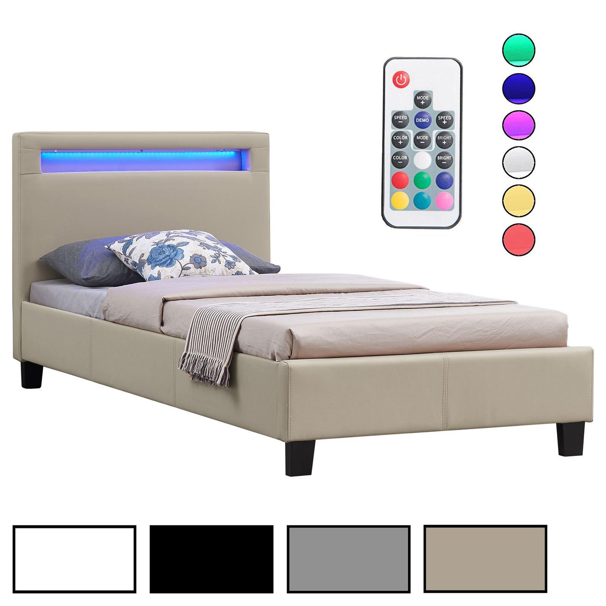 IDIMEX Lit LED simple LUCENO 90x190 cm, avec sommier, revêtement synthétique. Coloris disponibles : Blanc, Noir, Gris
