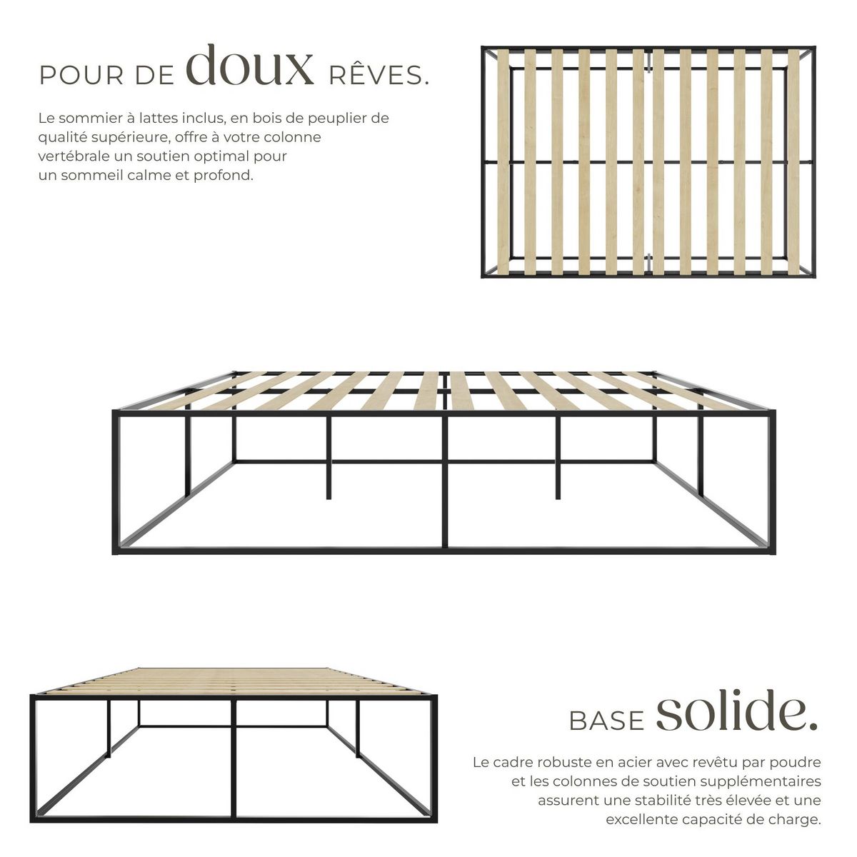tectake Cadre de lit structure en acier robuste noir 140 x 200 x 46,5 cm