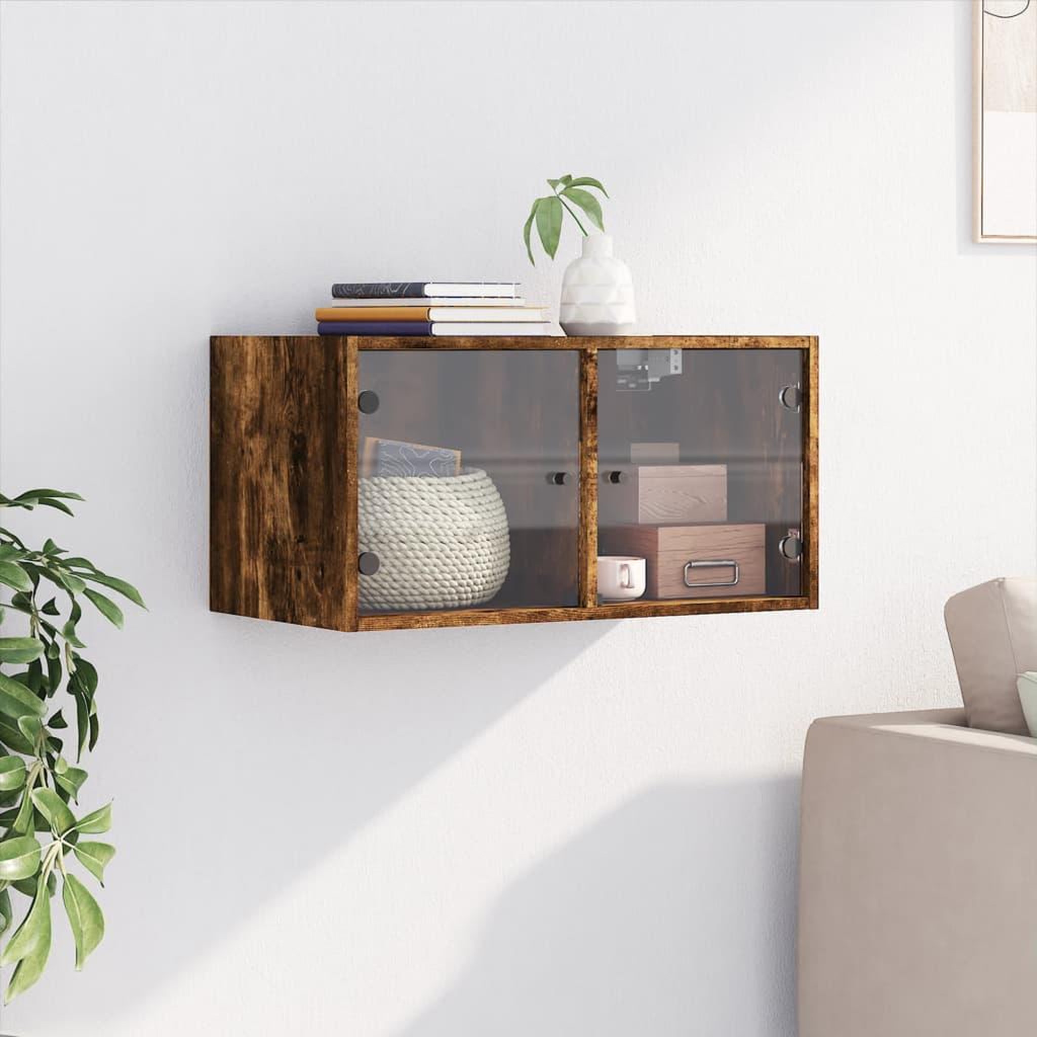 Voir la diapositive 3 : VIDAXL Armoire murale avec portes en verre chene fume 68,5x37x35 cm