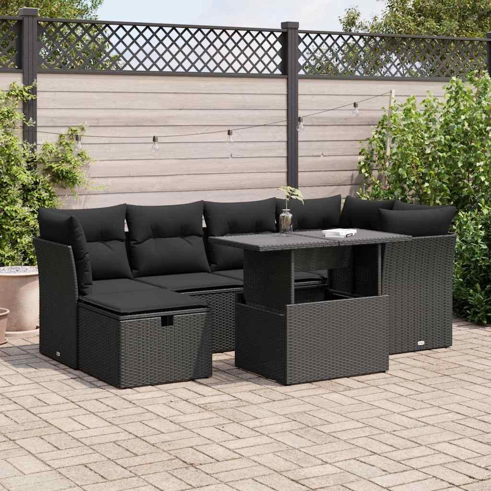 VIDAXL Salon de jardin 7 pcs avec coussins noir resine tressee
