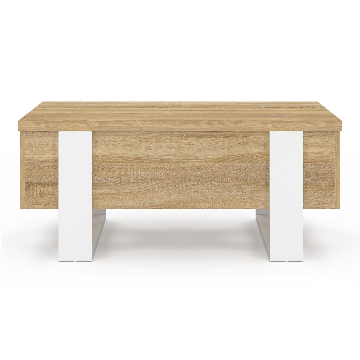 ID MARKET Table basse plateau relevable rectangulaire convertible en table à manger PHOENIX 97,5 cm bois et blanc