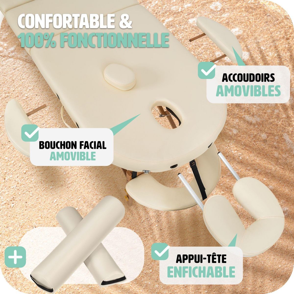 tectake Table de massage portable pliante à 3 zones confortable Largeur 70 cm et rembourrage 5 cm beige