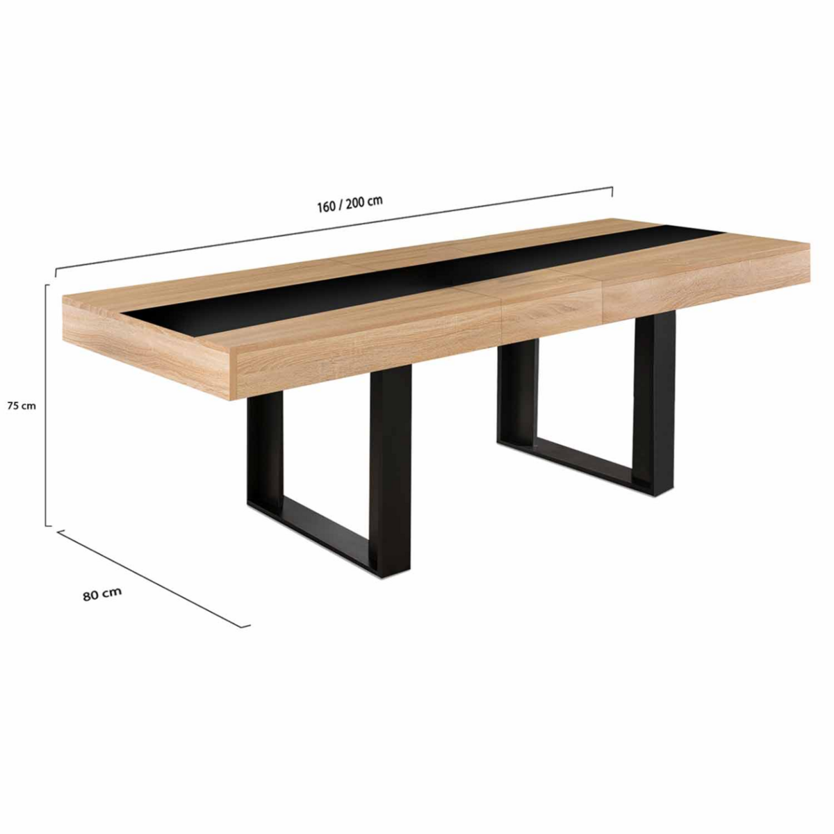 ID MARKET Table à manger extensible rectangle PHOENIX 4-8 personnes bois et noir bande centrale noire 160-200 cm
