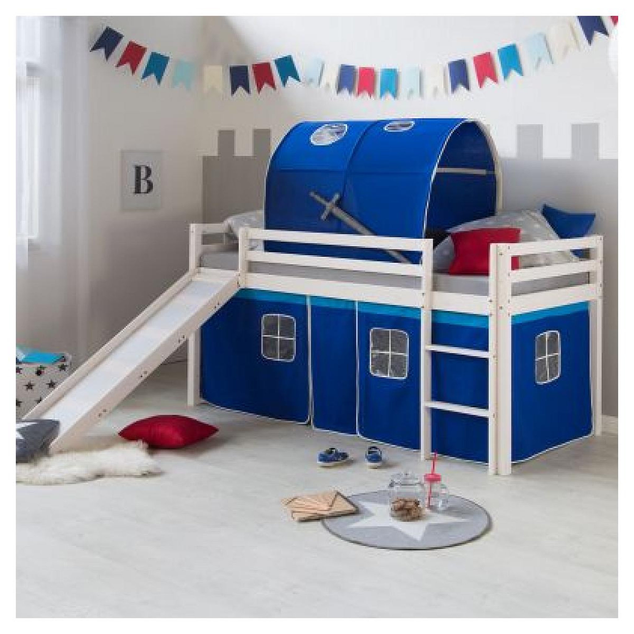 Voir la diapositive 3 : HomeStyle4U Lit mi-hauteur avec rideaux et tunnel bleu