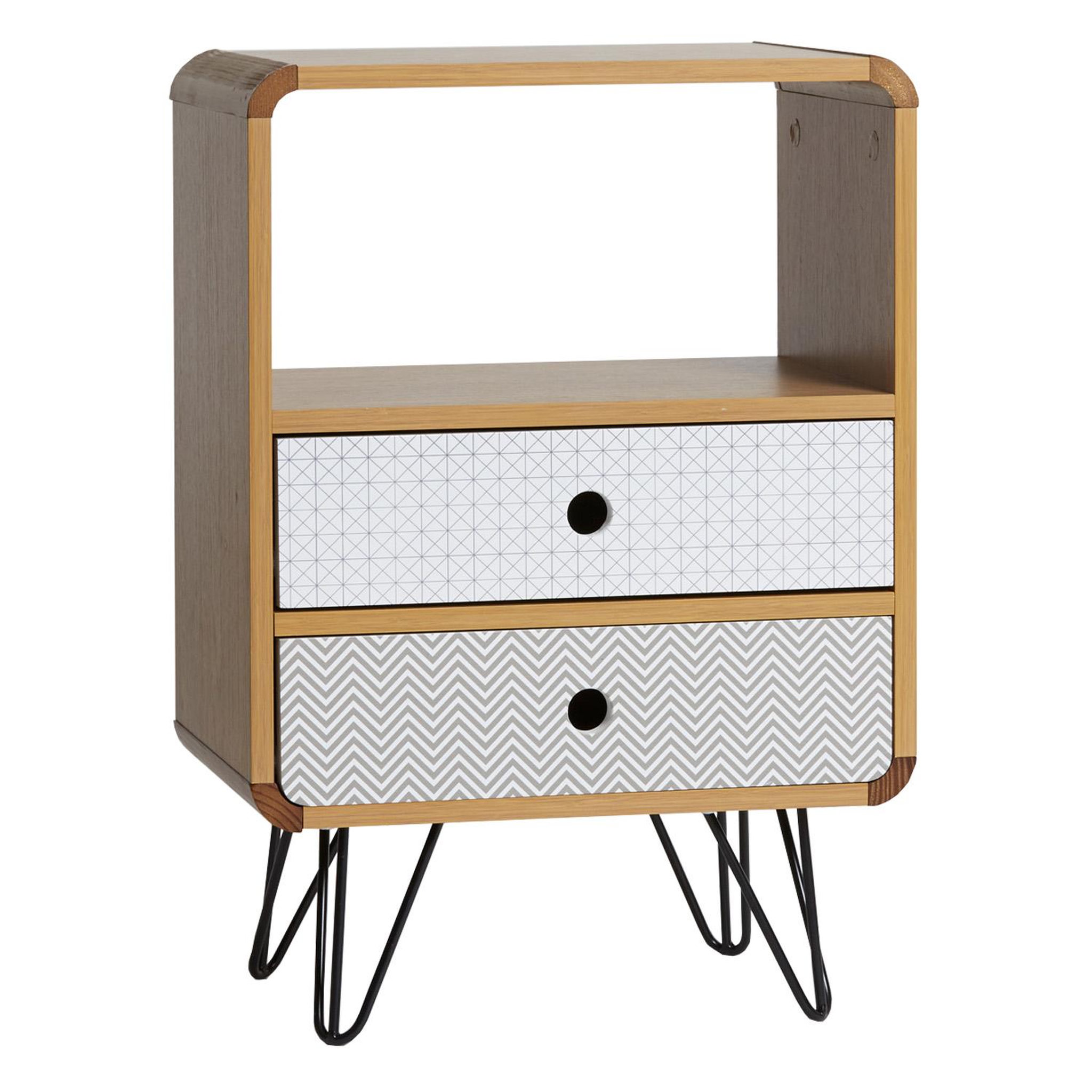 VS VENTA-STOCK Table Chevet Buda 2 Tiroirs, Couleur chêne, Jambes en métal en Noir