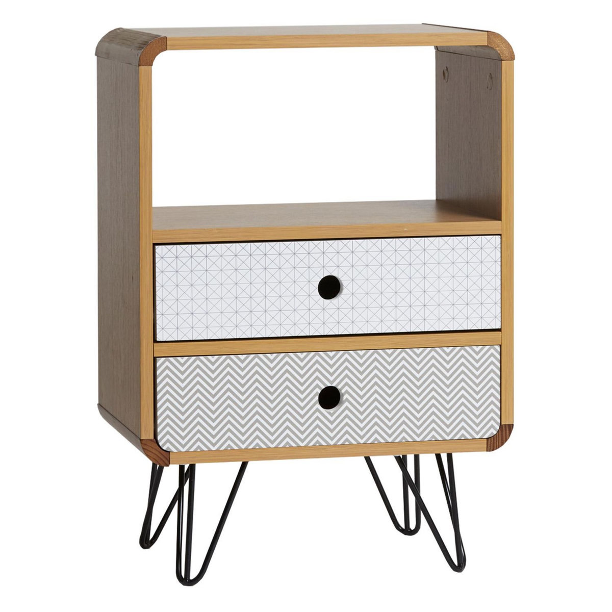 VS VENTA-STOCK Table Chevet Buda 2 Tiroirs, Couleur chêne, Jambes en métal en Noir