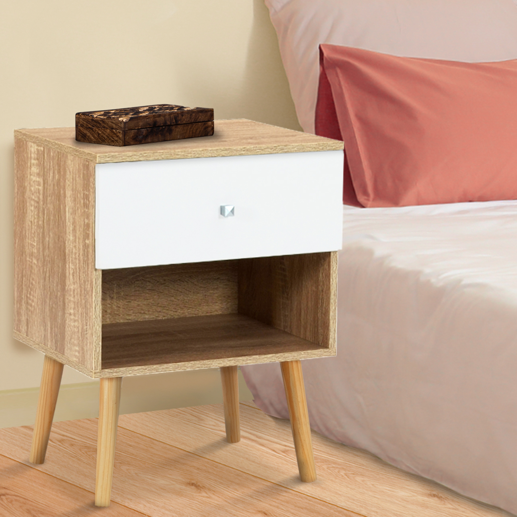 Voir la diapositive 2 : ID MARKET Lot de 2 tables de chevet emmie scandinaves 1 tiroir avec niche hêtre et blanc