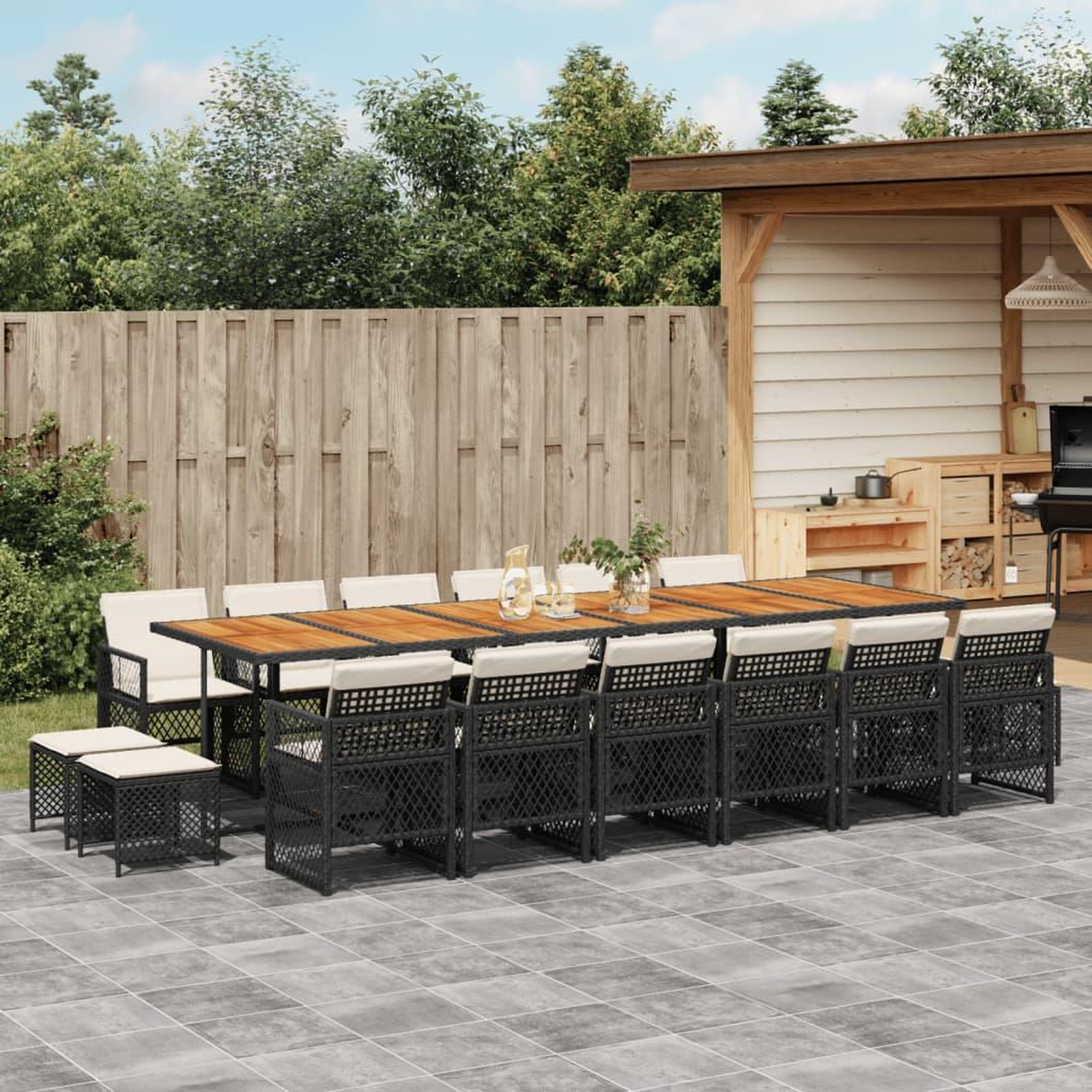 VIDAXL Ensemble a manger de jardin 17 pcs coussins noir resine tressee