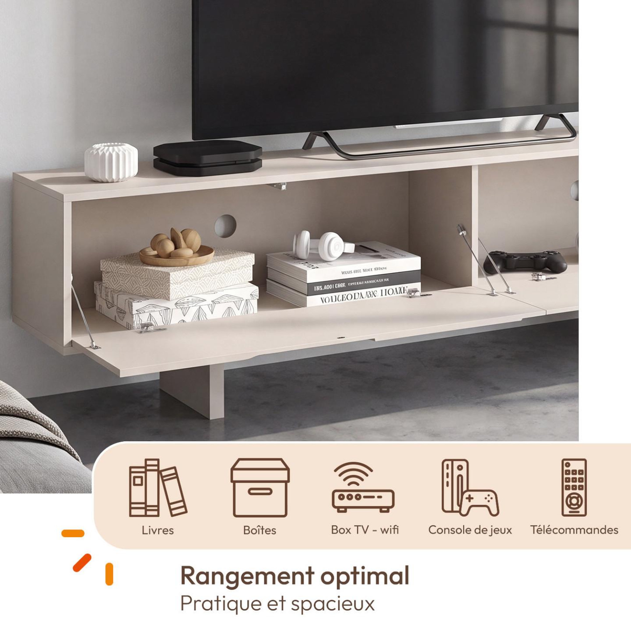 Voir la diapositive 4 : ID MARKET Meuble TV 180 cm ARVIN 2 portes avec reliefs arrondis bois coloris beige