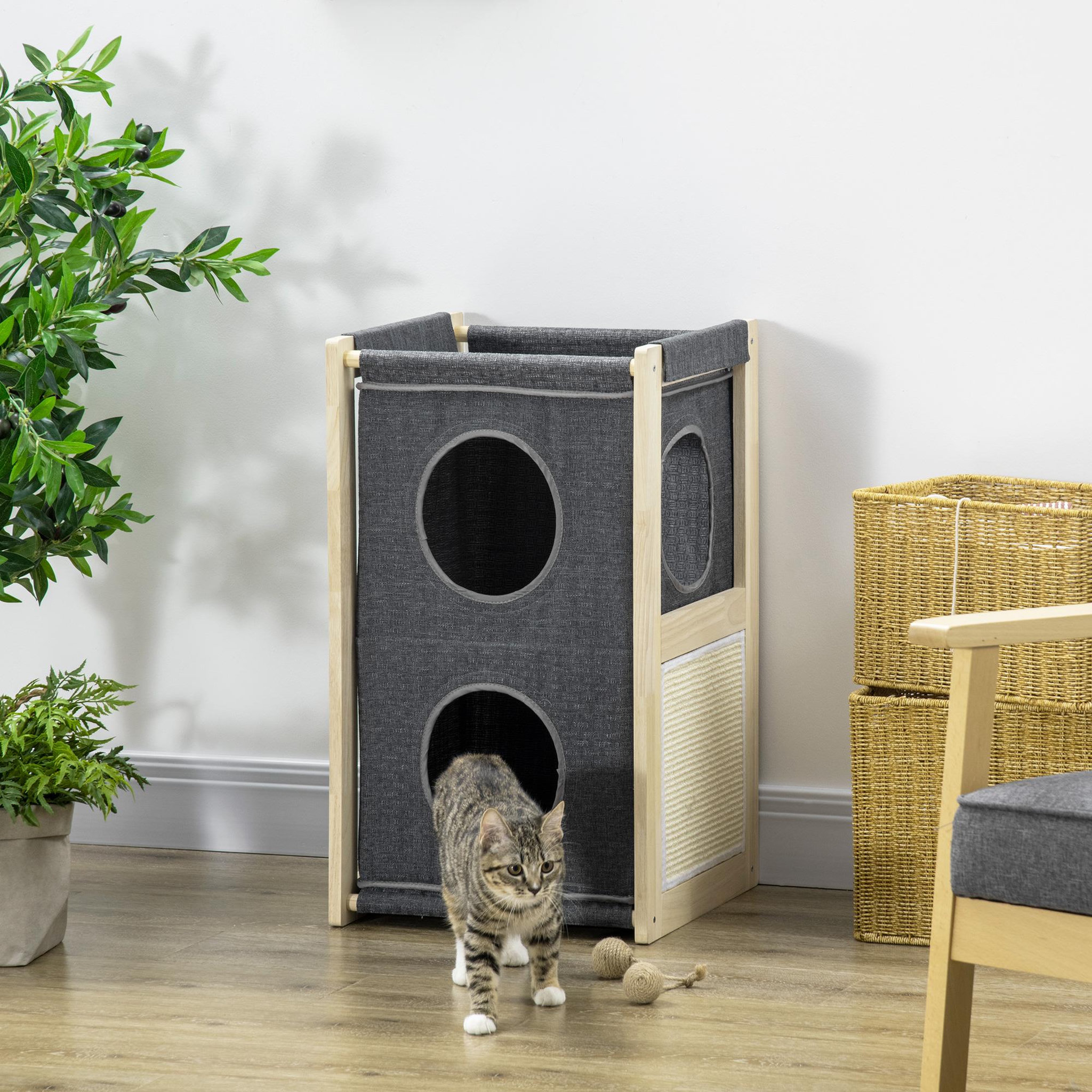 Voir la diapositive 2 : PAWHUT Maison grattoir pour chat - niche chat panier chat - 2 coussins housses amovibles, 2 niv. - bois de pin polyester gris