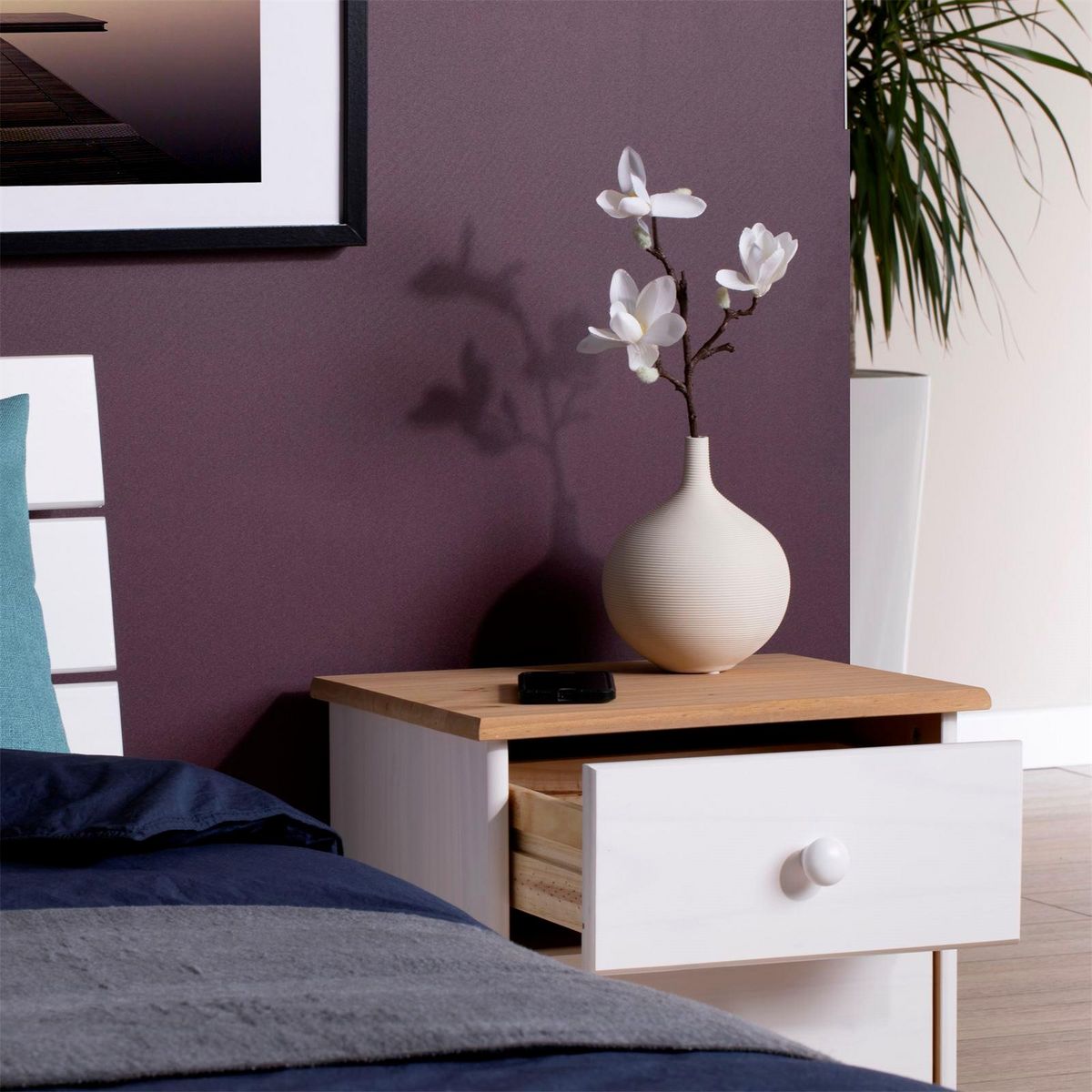 IDIMEX Table de chevet en pin RONDO, 2 tiroirs