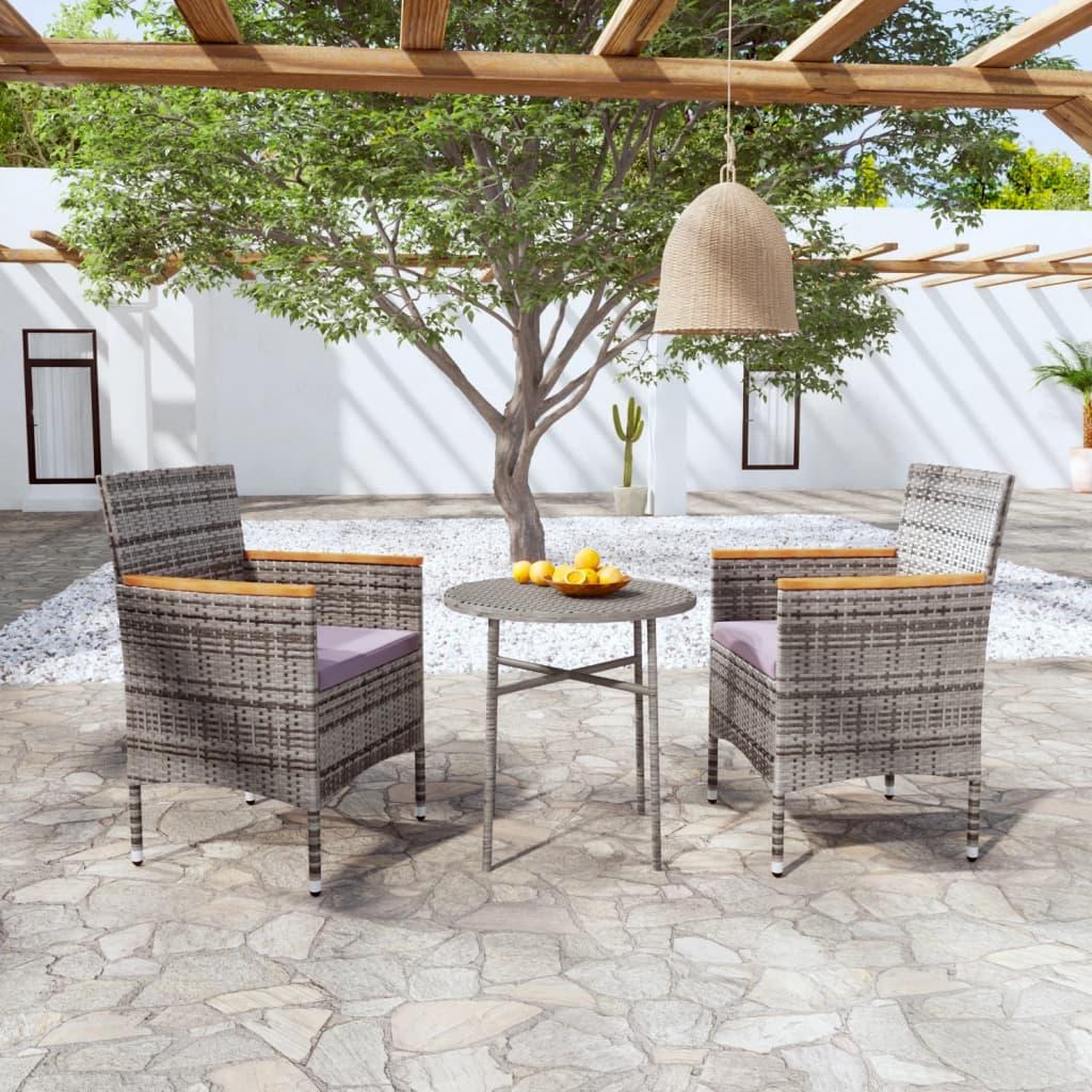 VIDAXL Ensemble a manger de jardin 3 pcs Resine tressee Gris