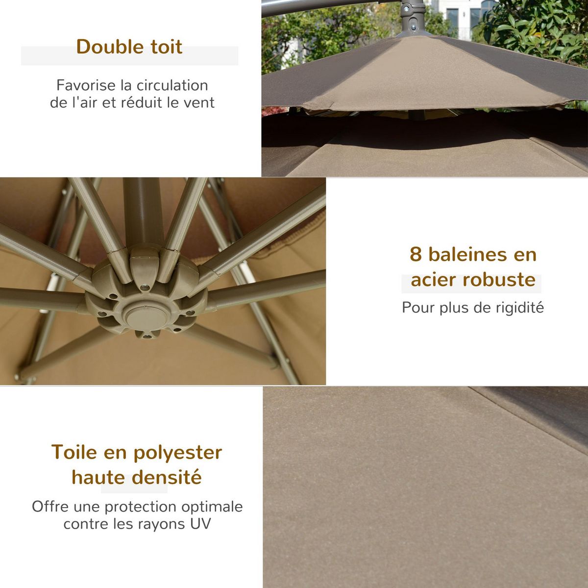 OUTSUNNY Parasol déporté octogonal inclinable manivelle Ø 2,65 x 2,45H m acier époxy polyester marron
