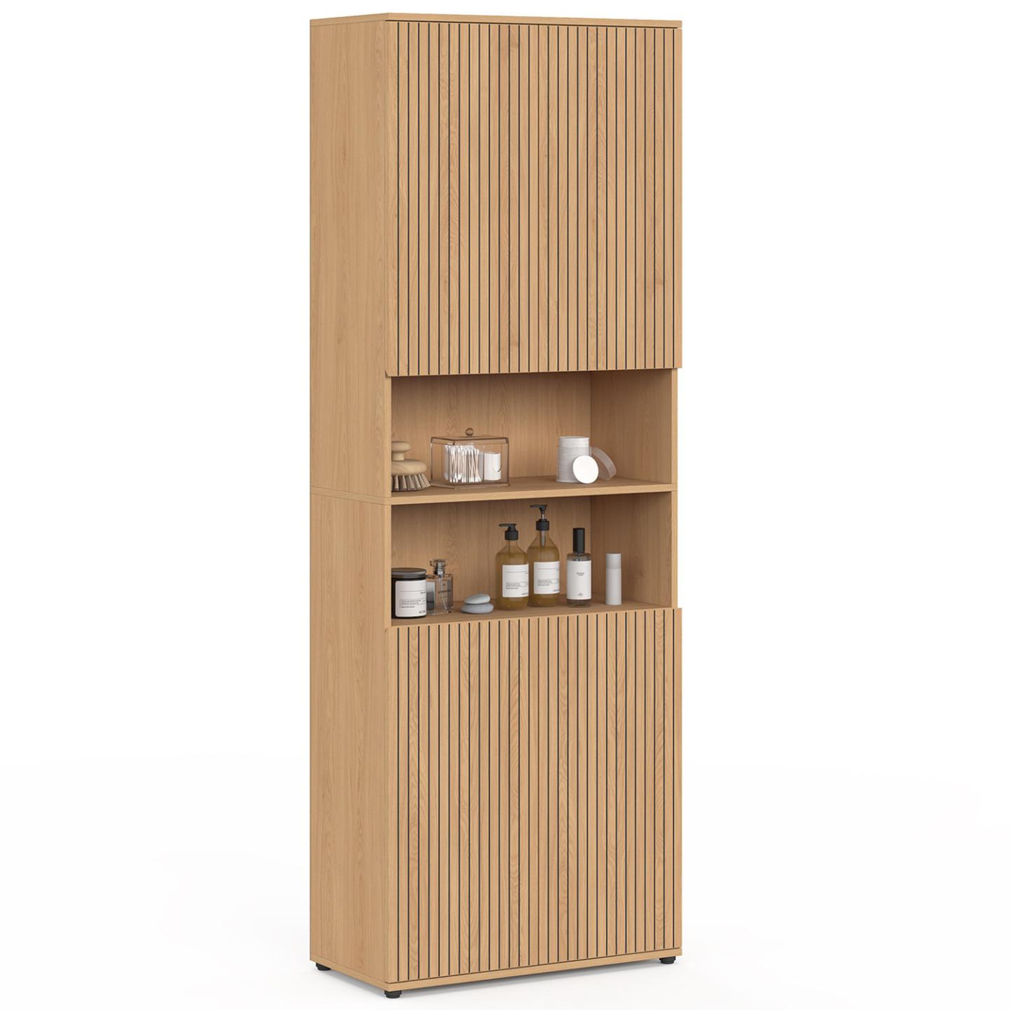 ID MARKET Meuble armoire colonne salle de bain VICTOR 4 portes 2 niches effet lattes