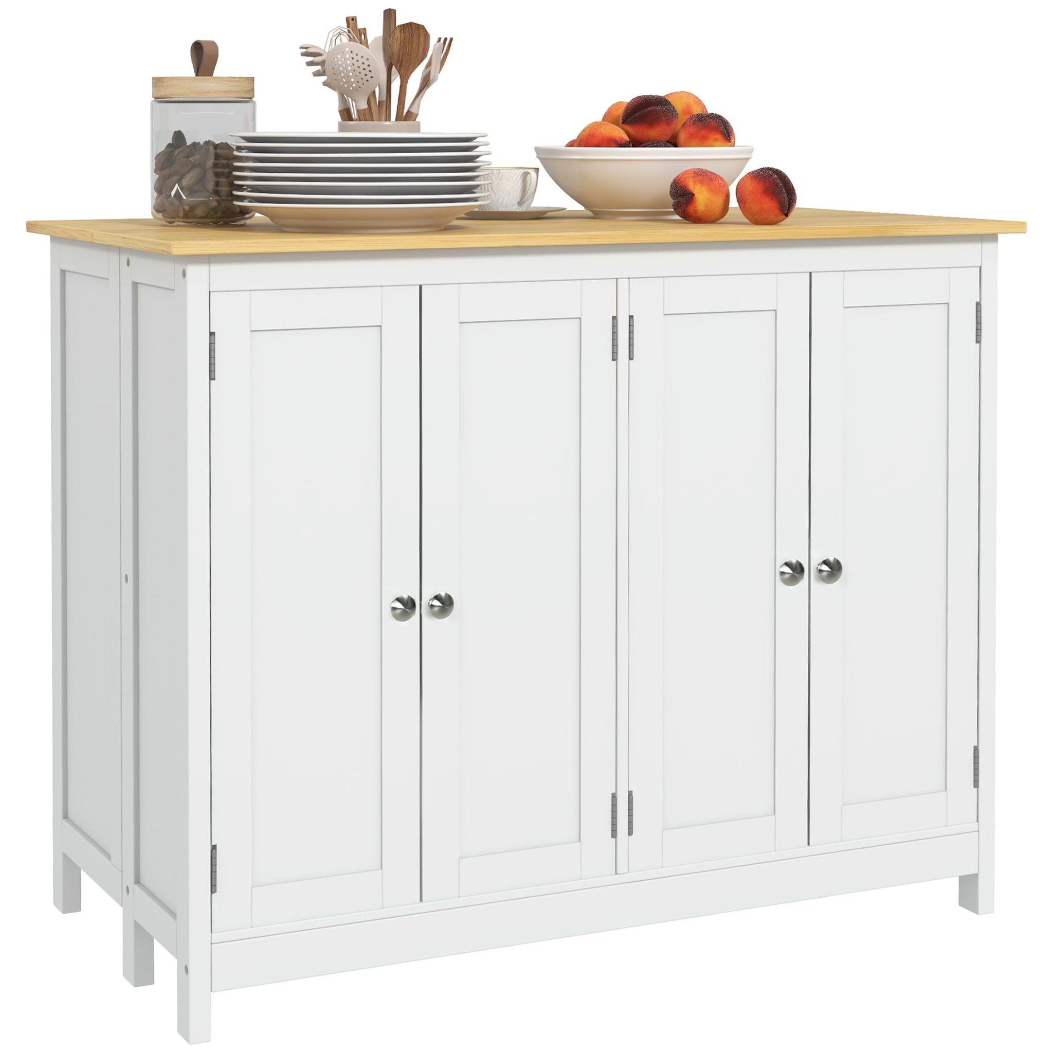 Voir la diapositive 1 : HOMCOM Ensemble îlot central de cuisine avec 2 tabourets de bar - 4 portes, 2 étagères - plateau, pans rabattable - MDF blanc chêne clair verni