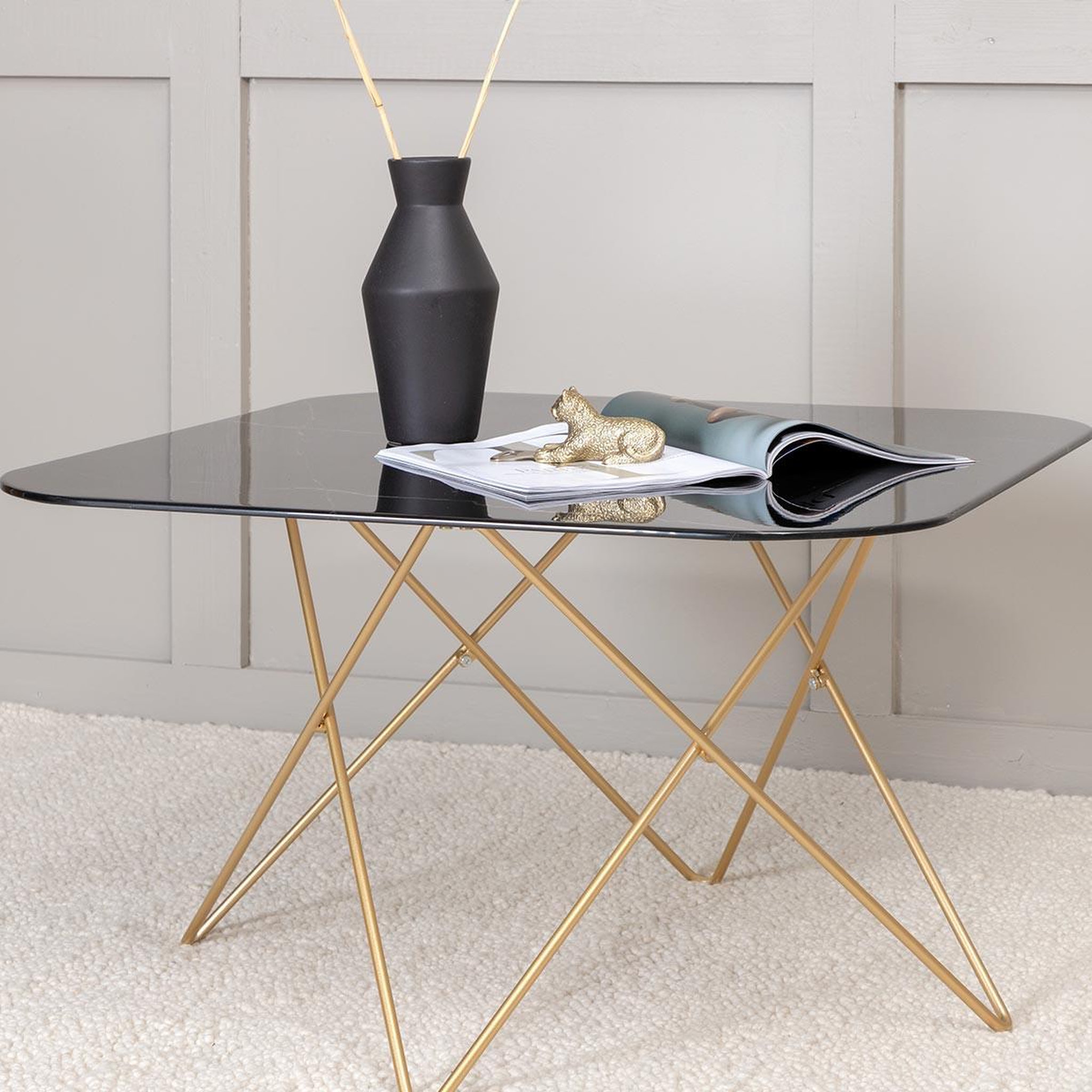 Voir la diapositive 4 : Paris Prix Table basse en verre marbré  tristar  80cm noir & or