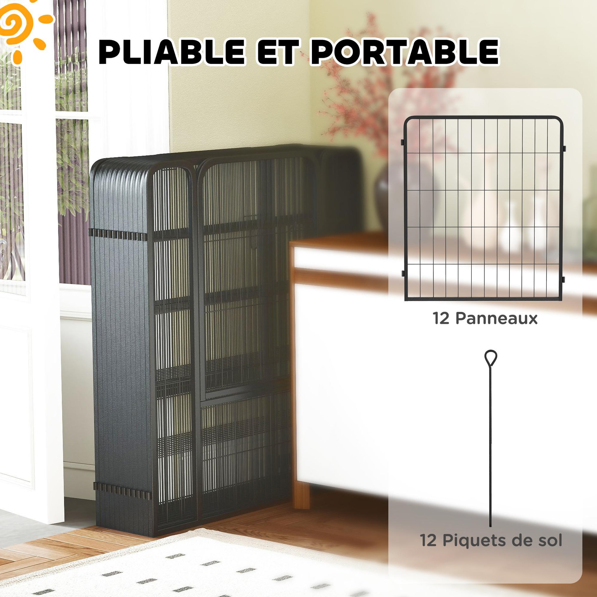 Voir la diapositive 5 : PAWHUT Parc enclos chien modulable pliable 12 panneaux h.80cm 2 portes verrouillables acier époxy noir