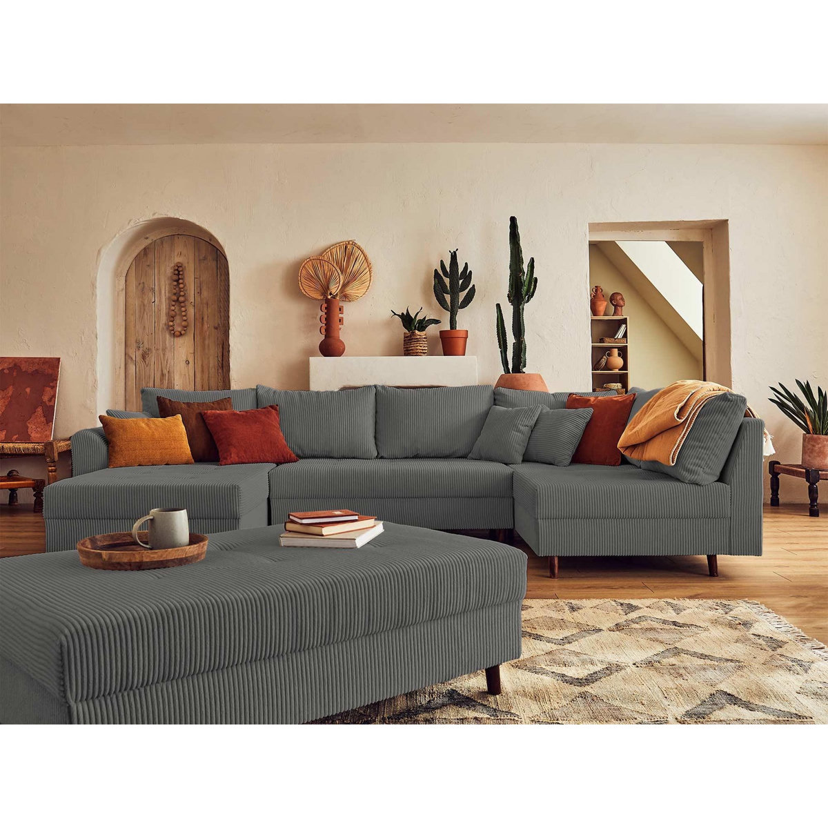 LISA DESIGN Rune - canapé panoramique d'angle droit - 7 places - avec pouf d'appoint - en velours côtelé