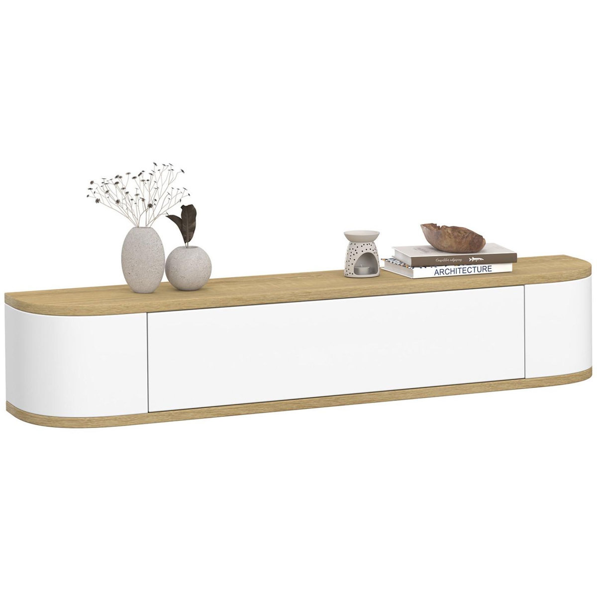ID MARKET Etagère murale console d'entrée LEORA 1 porte blanc et effet bois