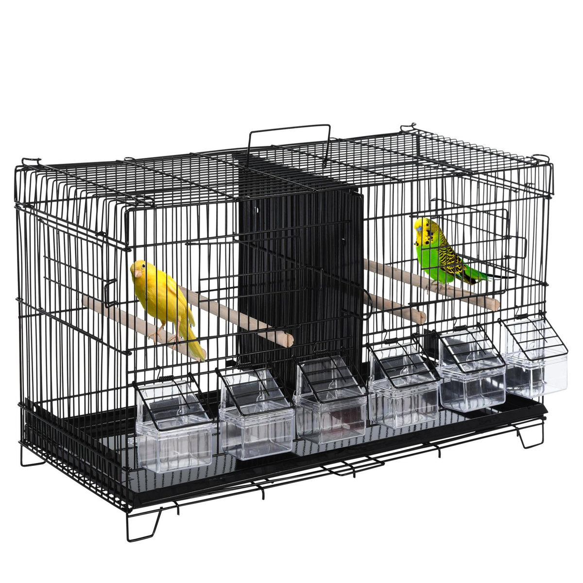 PAWHUT PawHut Cage à oiseaux dim. 59,5L x 29,8I x 35,3H cm mangeoires perchoirs 4 portes plateau excrément amovible + poignée transport métal PP noir