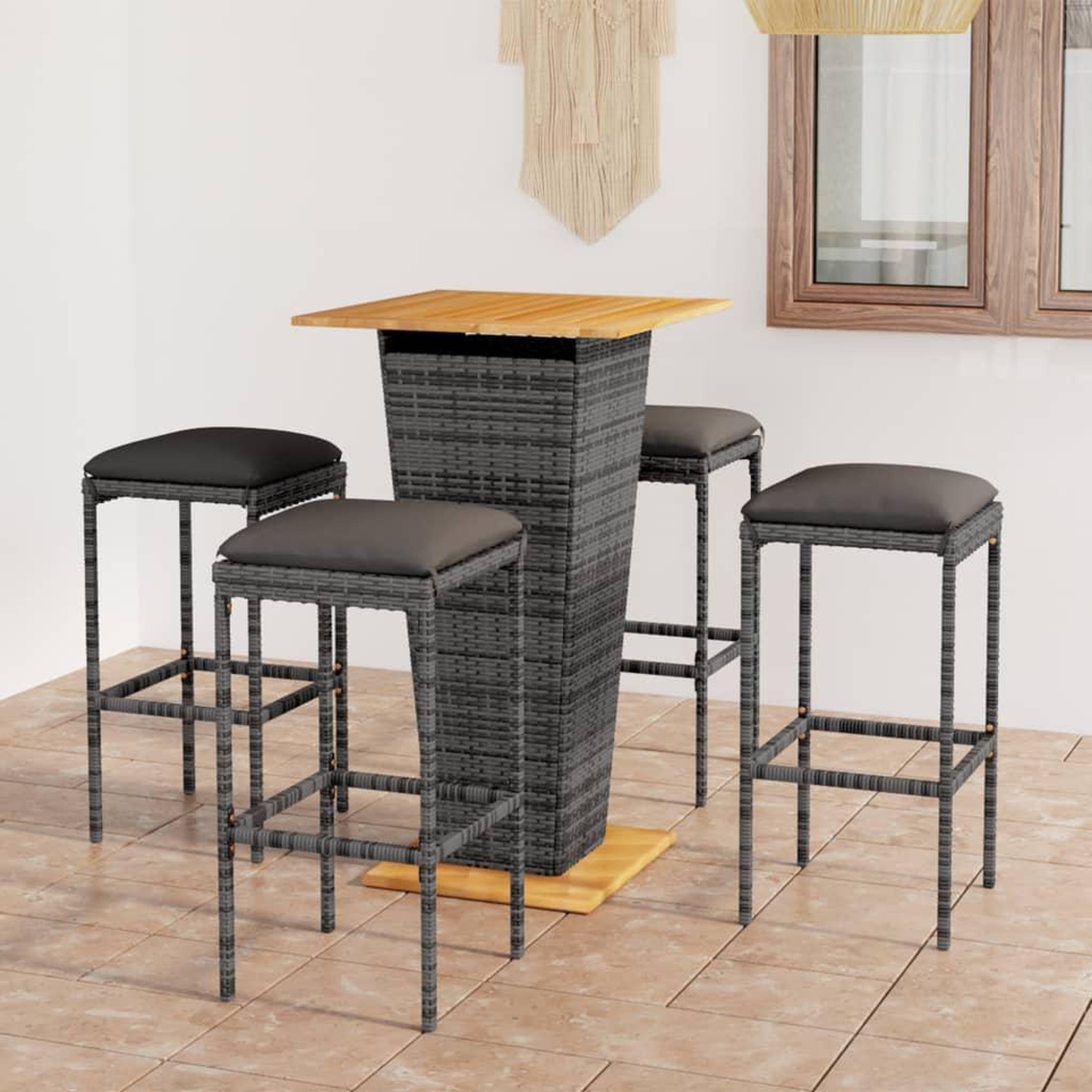 Voir la diapositive 1 : VIDAXL Ensemble de bar de jardin 5 pcs et coussins Resine tressee Gris