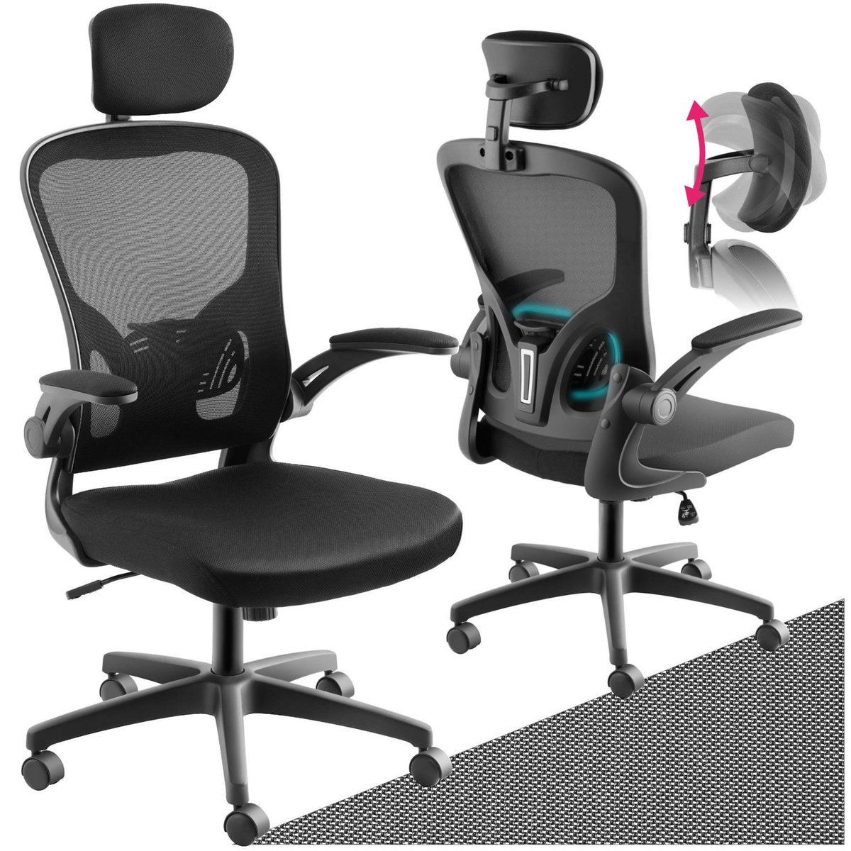 tectake Fauteuil de bureau forme ergonomique avec soutien lombaire et appuie-tête réglables noir