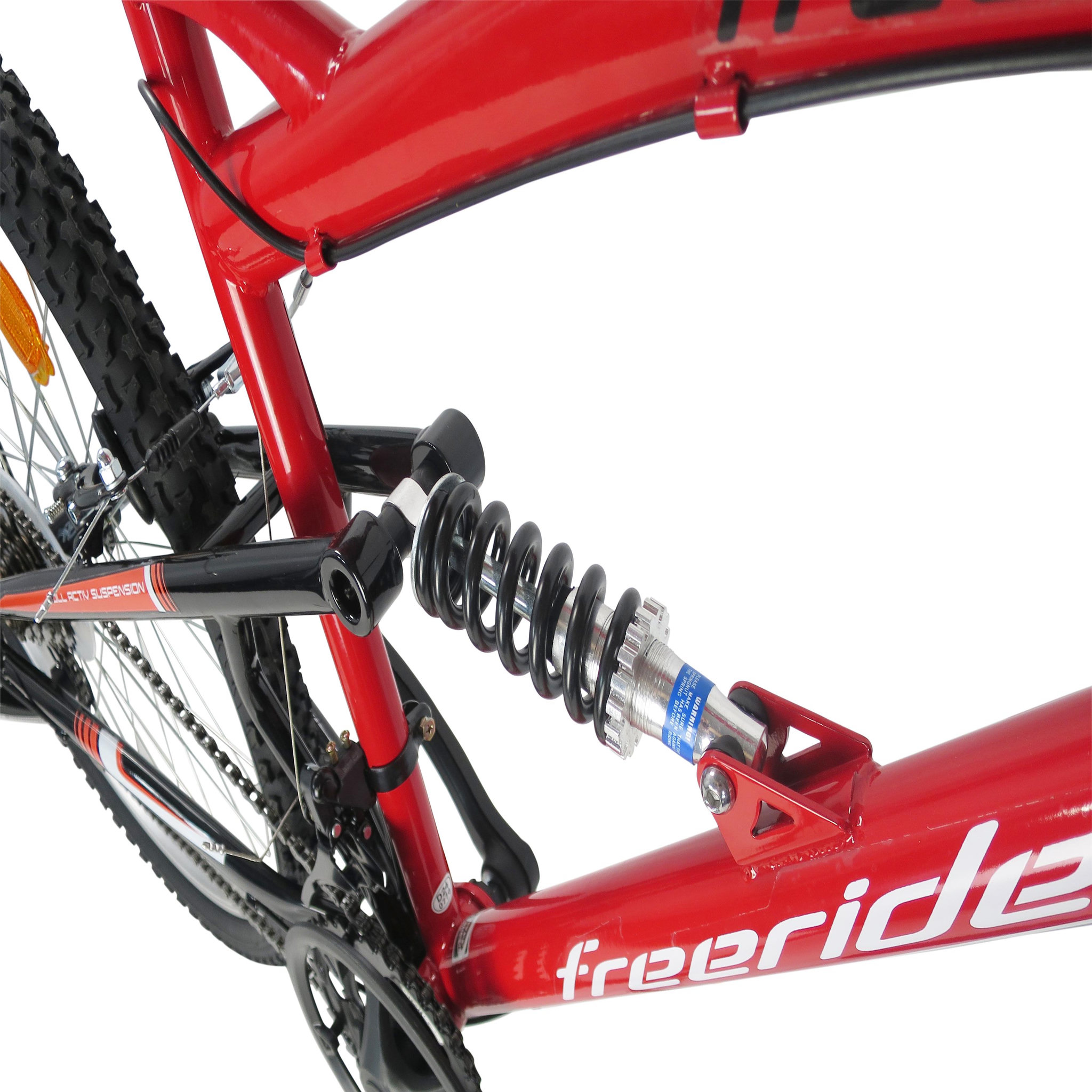 Voir la diapositive 6 : FREERIDER Vélo VTT 26'' - Modèle Tout Suspendu Freerider  - Cadre Acier - 18 Vitesses - Dérailleur arrière Shimano TY21 - Freins V-Brake - Fourche télescopique