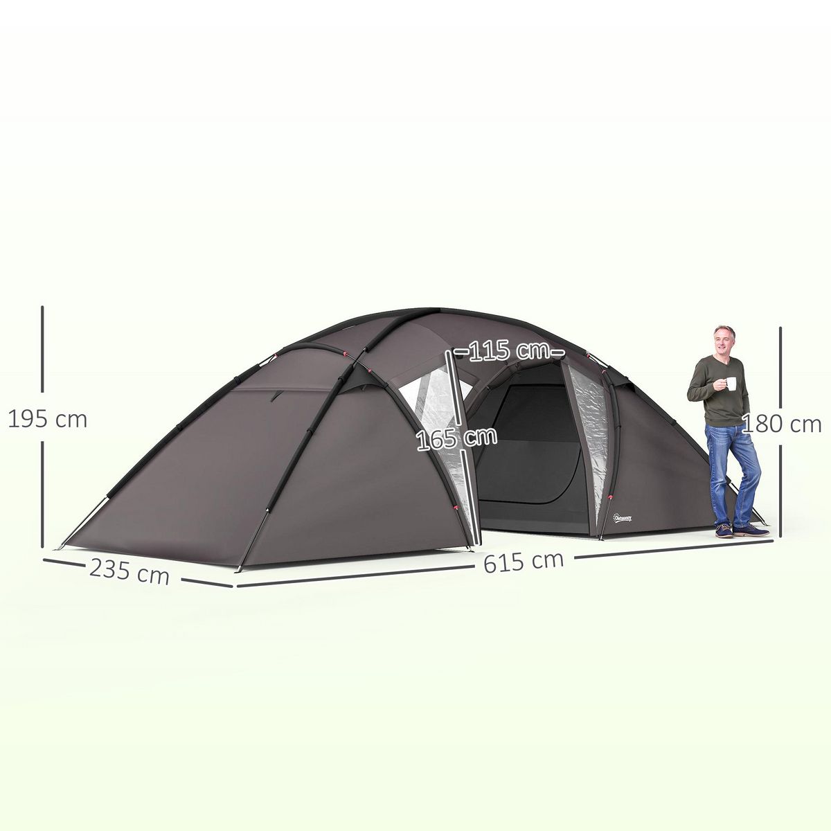 OUTSUNNY Tente camping 6 places - tente tunnel familiale - imperméabilité 3000mm - dim. 6,15 x 2,35 x 1,95 m - sac inclus - gris