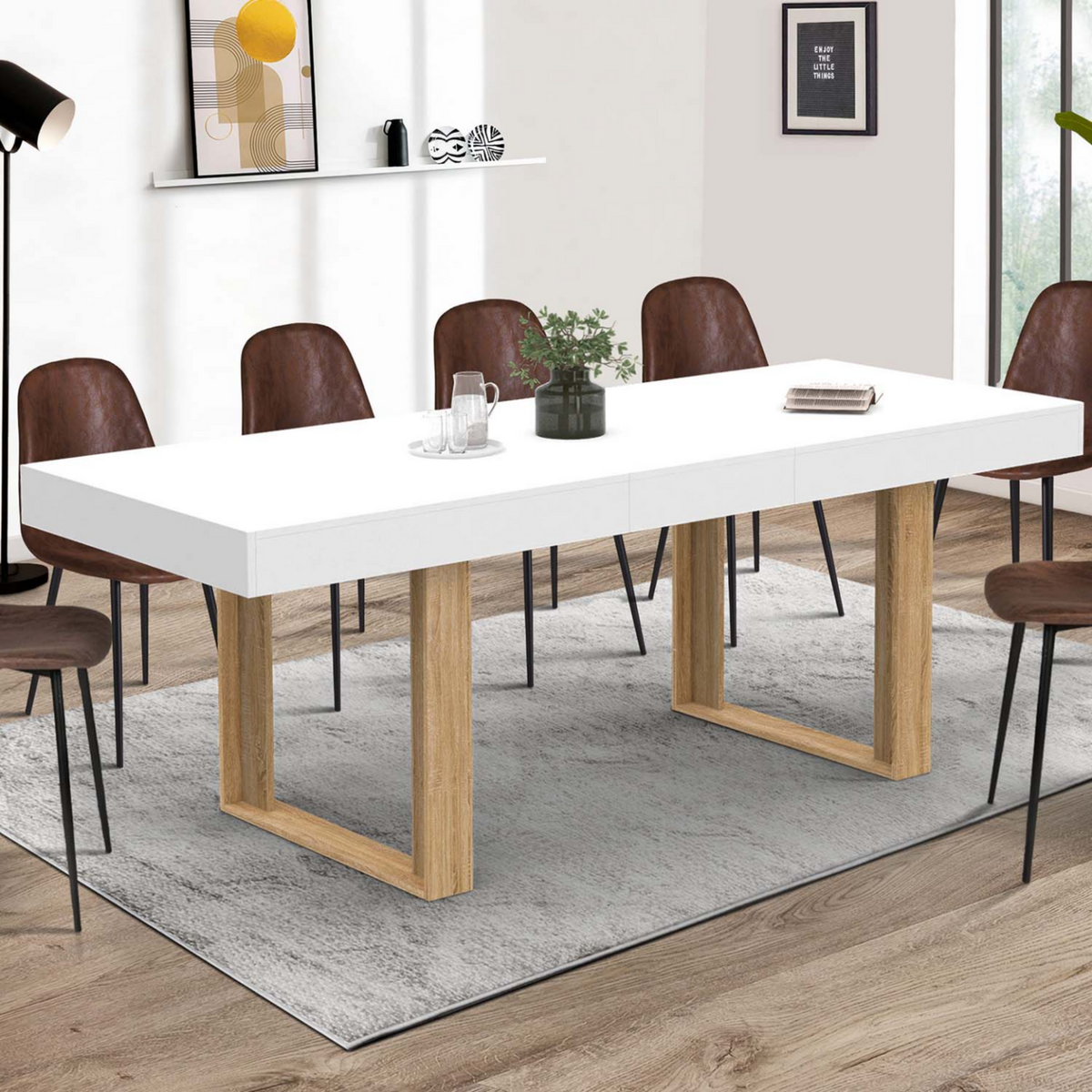 ID MARKET Table à manger extensible rectangle PHOENIX 4-8 personnes blanc pieds bois 160-200 cm