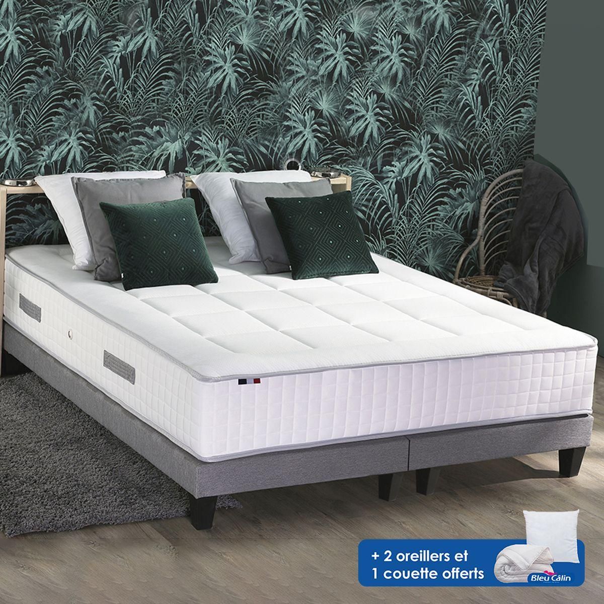 Ensemble Matelas Ressort 30cm 7 zones + sommier 2x90x200 cm + oreillers + couette PALACIO