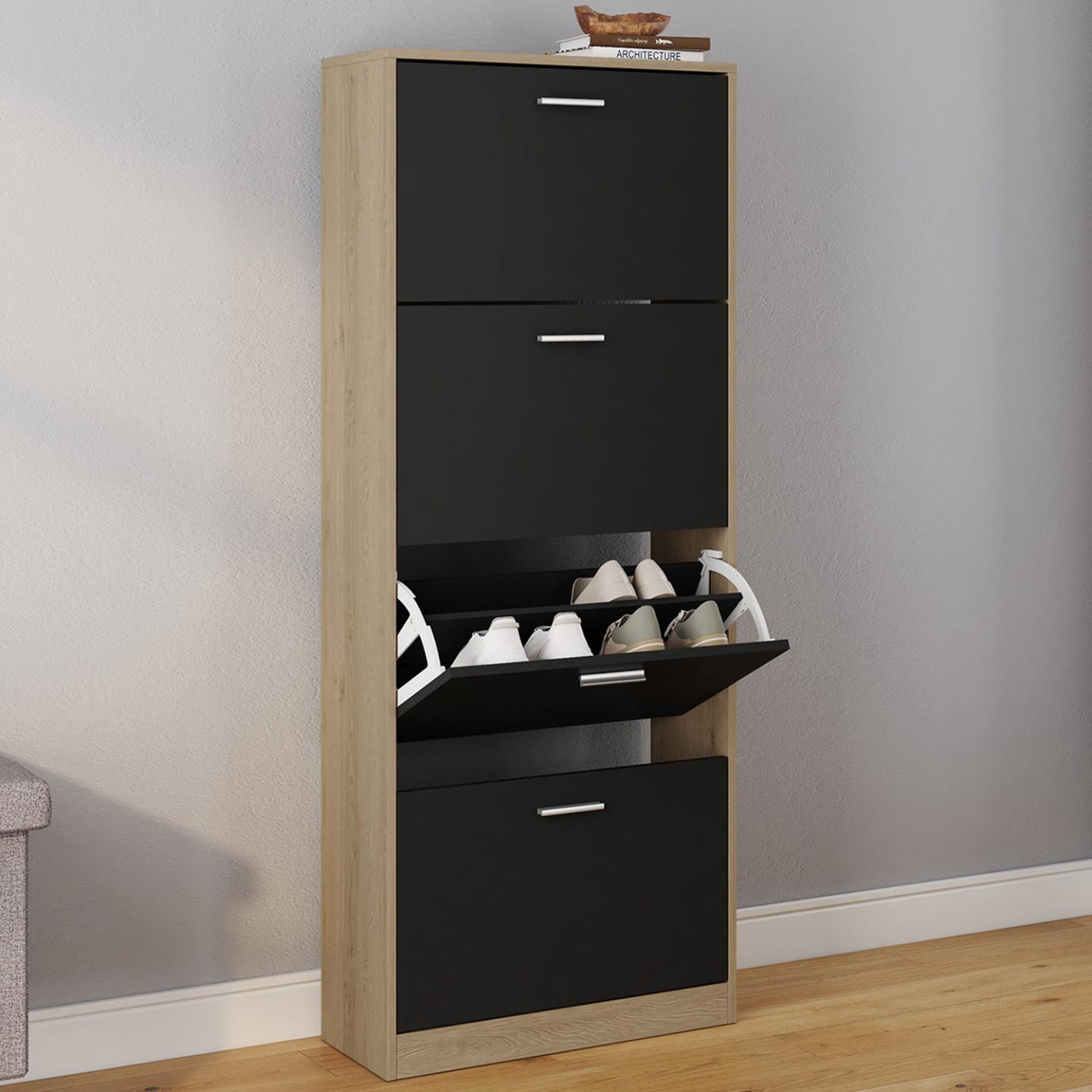 Voir la diapositive 2 : ID MARKET Meuble à chaussures 24 paires klark imitation hêtre 4 portes noires