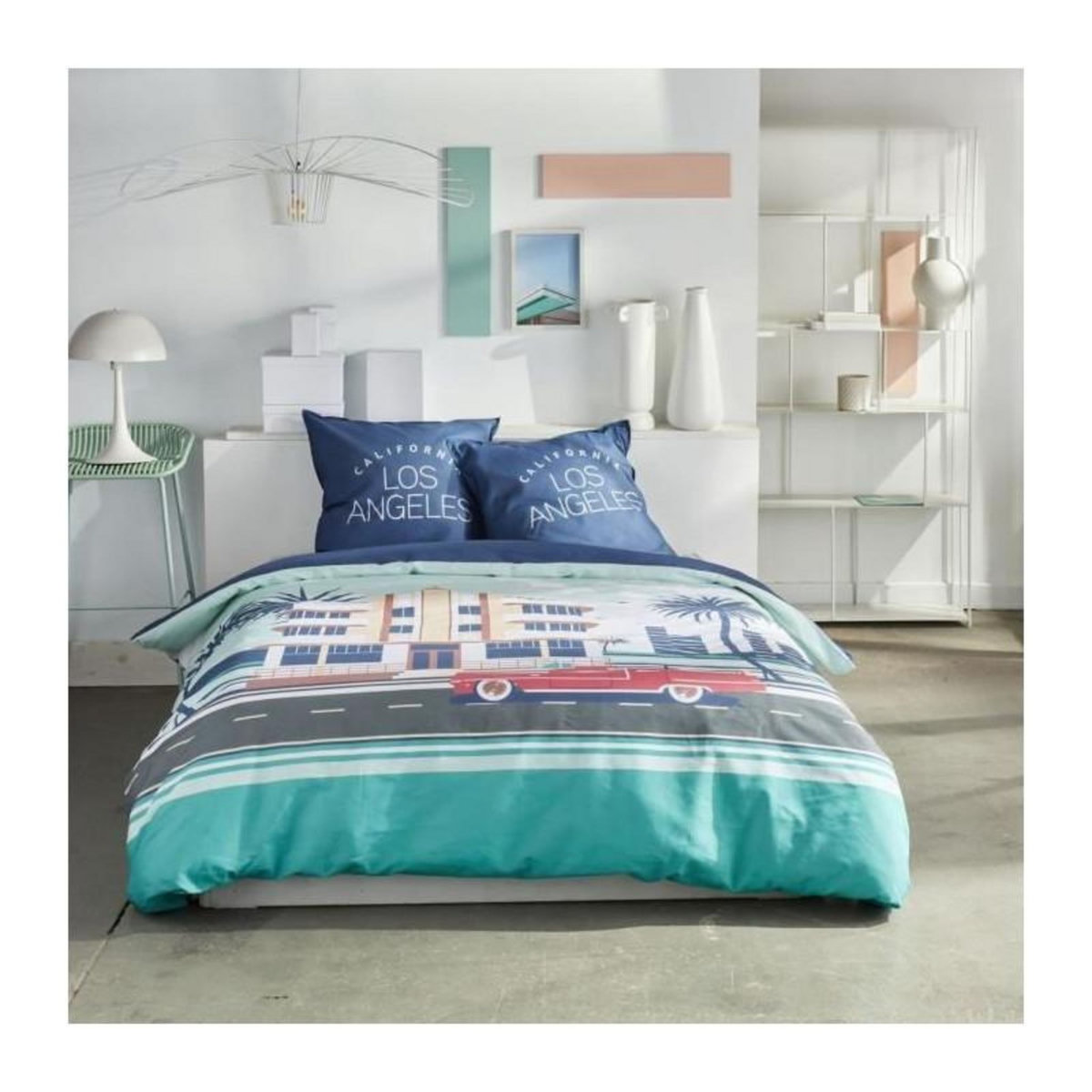 Today Parure de lit - TODAY - JAVA - 2 personnes - 240x220 cm - Coton - Imprimé Los Angeles - Bleu