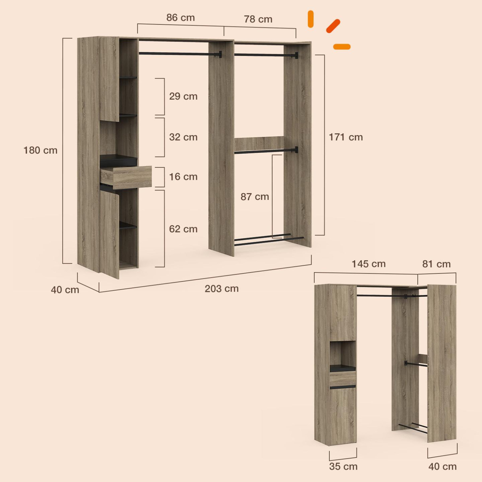 Voir la diapositive 5 : ID MARKET Dressing d'angle modulable l. 145 / 203 cm melman triple penderie + portes + tiroir + étagères bois et noir