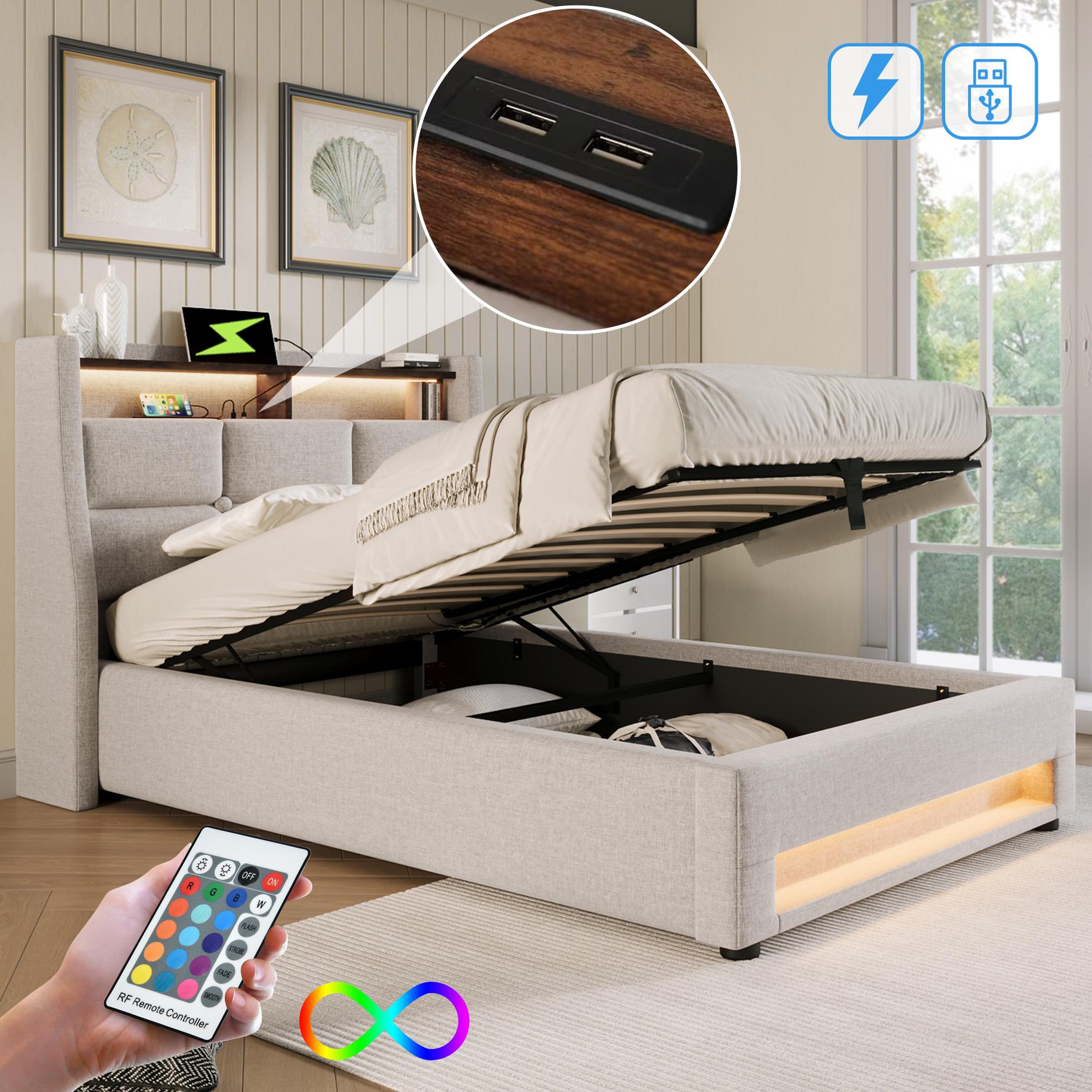 Voir la diapositive 2 : MERAX Lit coffre avec USB et LED Lin gris