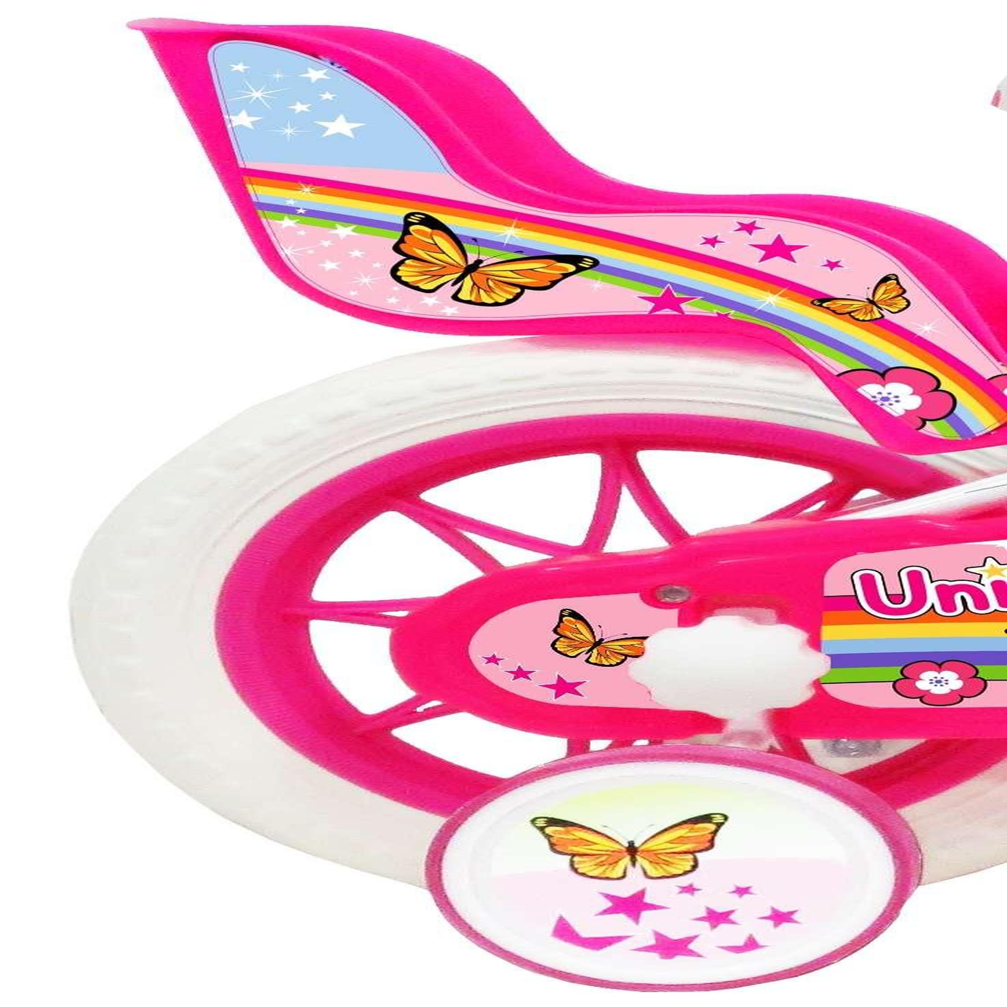 Voir la diapositive 2 : Vélo enfant - Modèle 12'' Fille  Unicorn  pour enfant de 85/100 cm avec stabilisateurs à molettes - 1 Frein - Panier avant - Porte poupée arrière