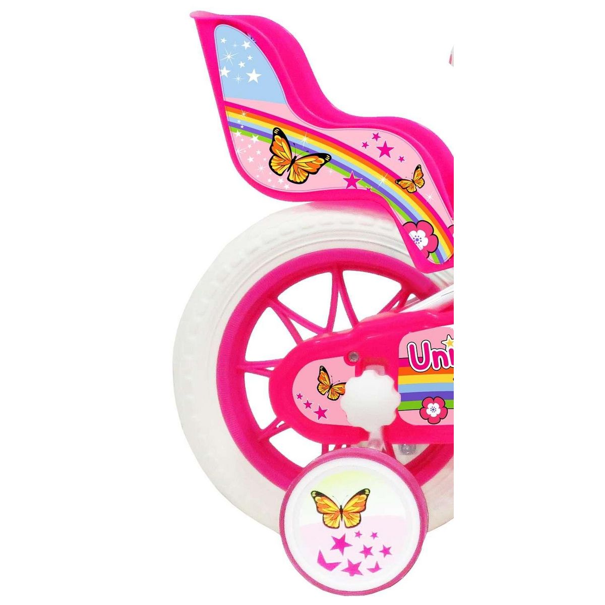Vélo enfant - Modèle 12'' Fille  Unicorn  pour enfant de 85/100 cm avec stabilisateurs à molettes - 1 Frein - Panier avant - Porte poupée arrière