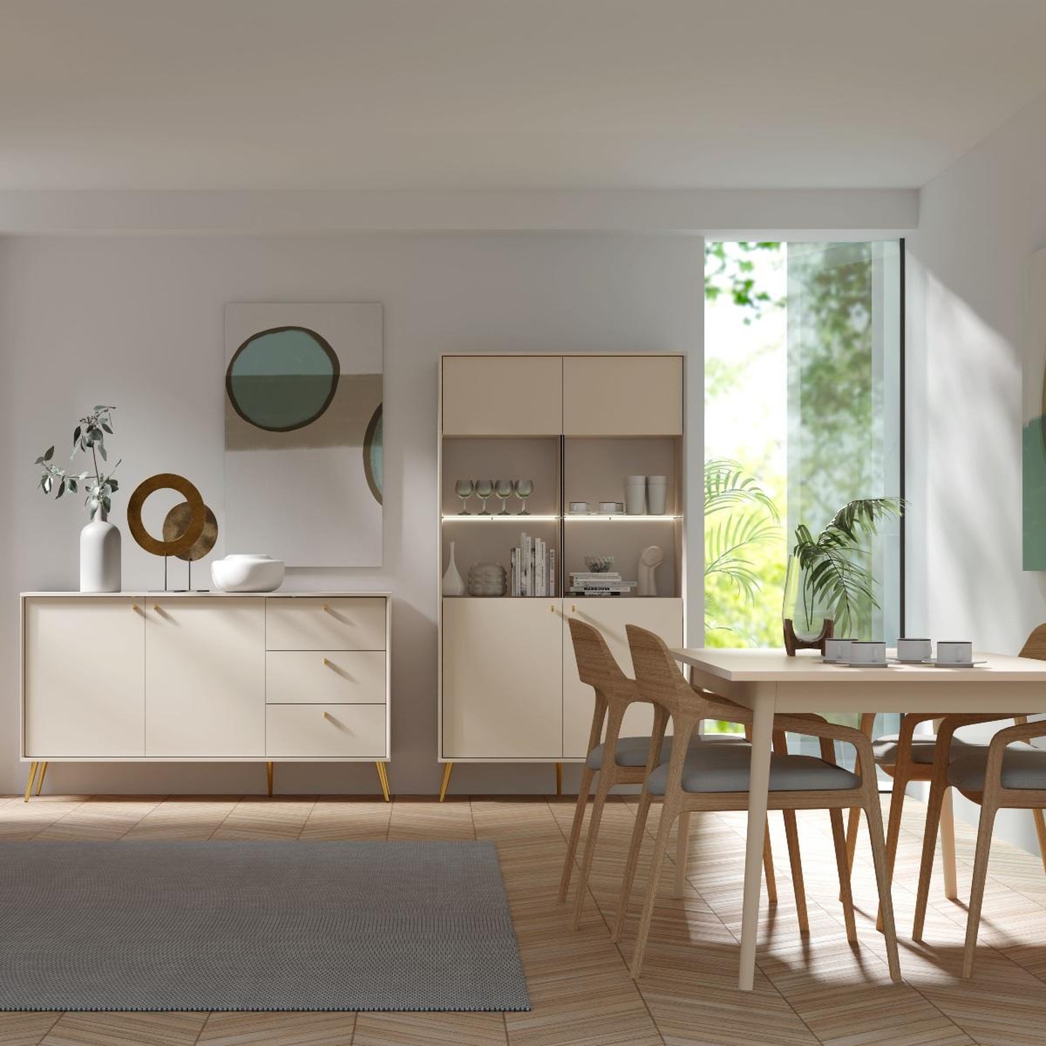 Voir la diapositive 4 : JLC KREATION Buffet bas beige cachemire et pied doré 160cm ezia