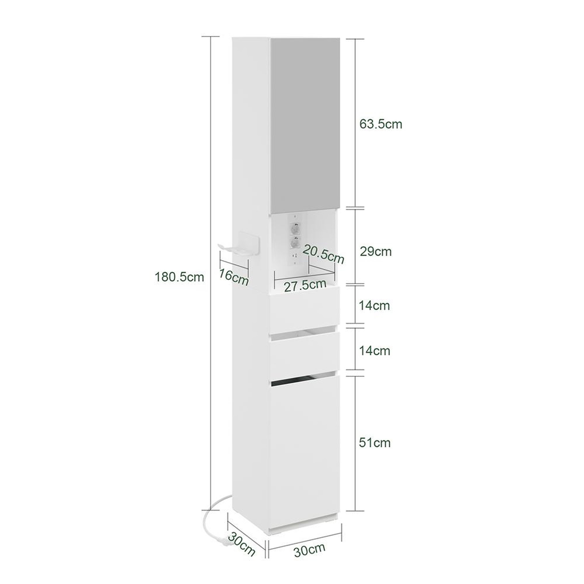 Voir la diapositive 3 : SOBUY Armoire haute de salle de bain avec miroir et tiroirs, blanc, 30x30x180,5 cm, bzr240-e-w