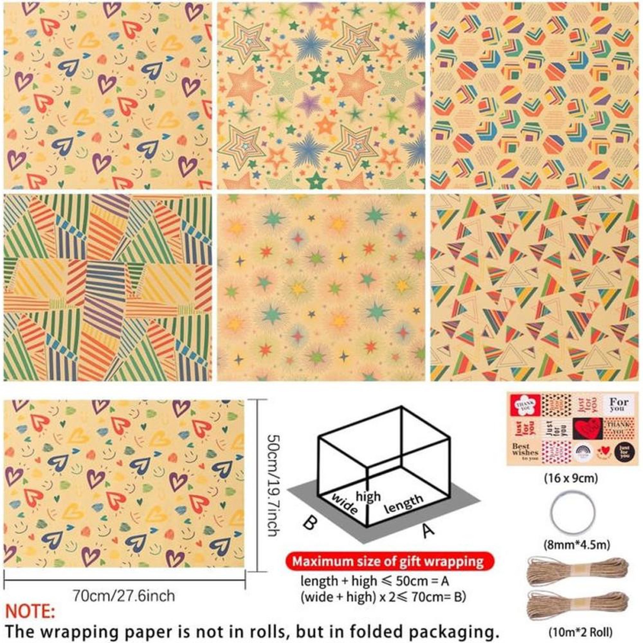 Voir la diapositive 3 : Papier cadeau en feuilles kraft 70 x 50 cm, lot de 6 avec motifs multicolores + accessoires
