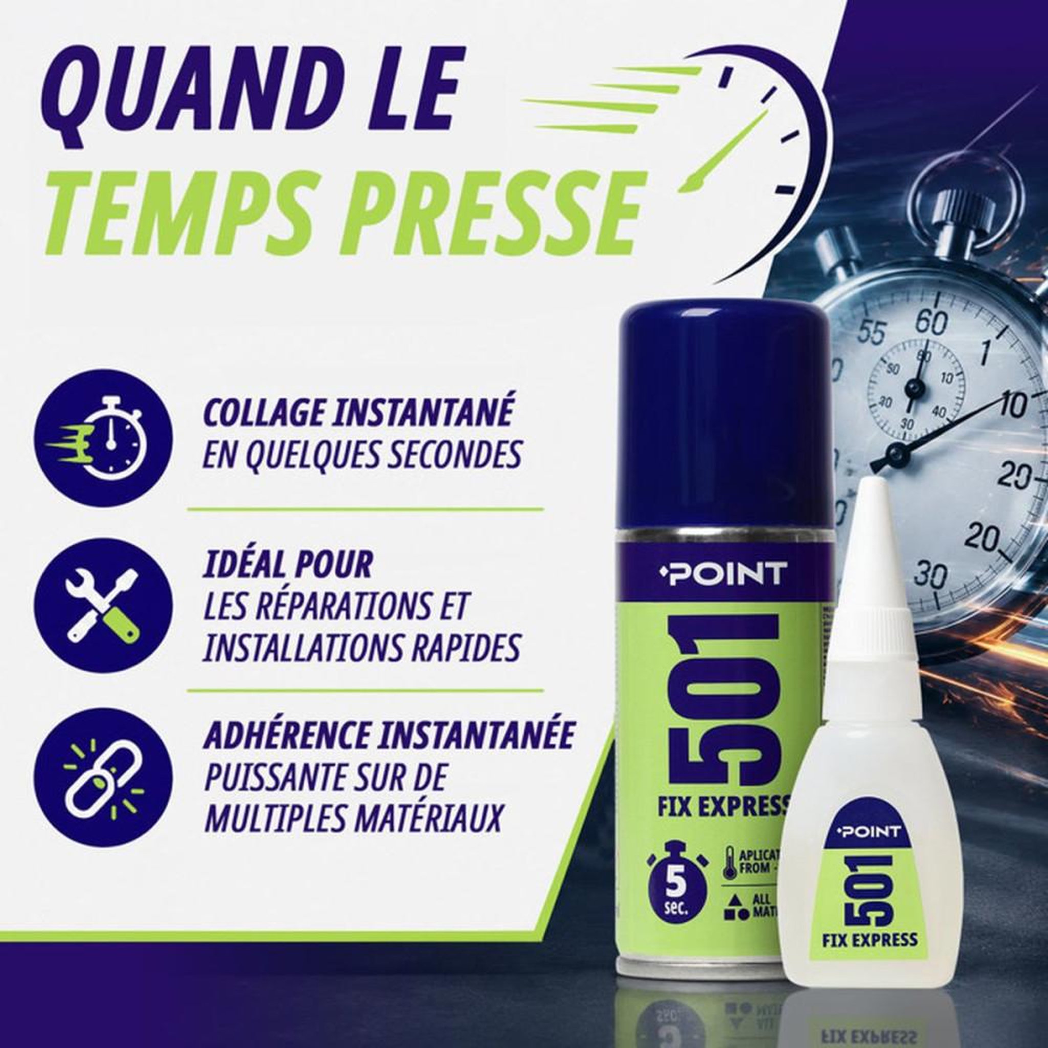 Voir la diapositive 2 : POINT Colle cyanoacrylate ultra-rapide avec activateur pour collage instantané POINT 501 Fix Express transparent 100 ml + 25 g