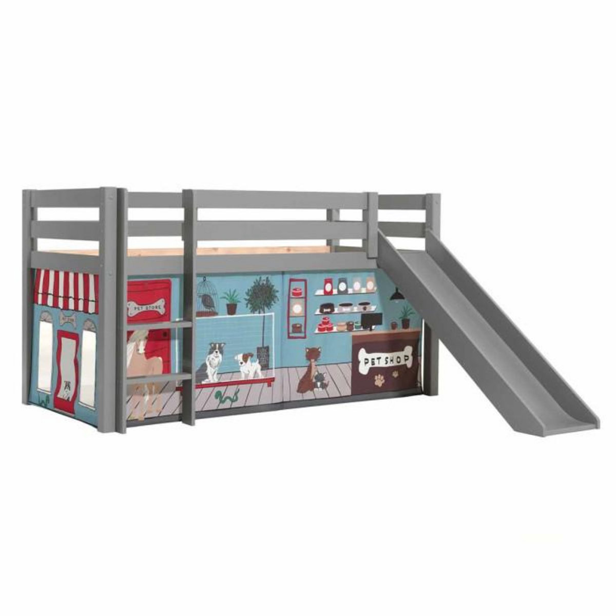 Paris Prix Lit Enfant Surélevé Avec Toboggan  Pino Pet Shop  90x200cm Gris