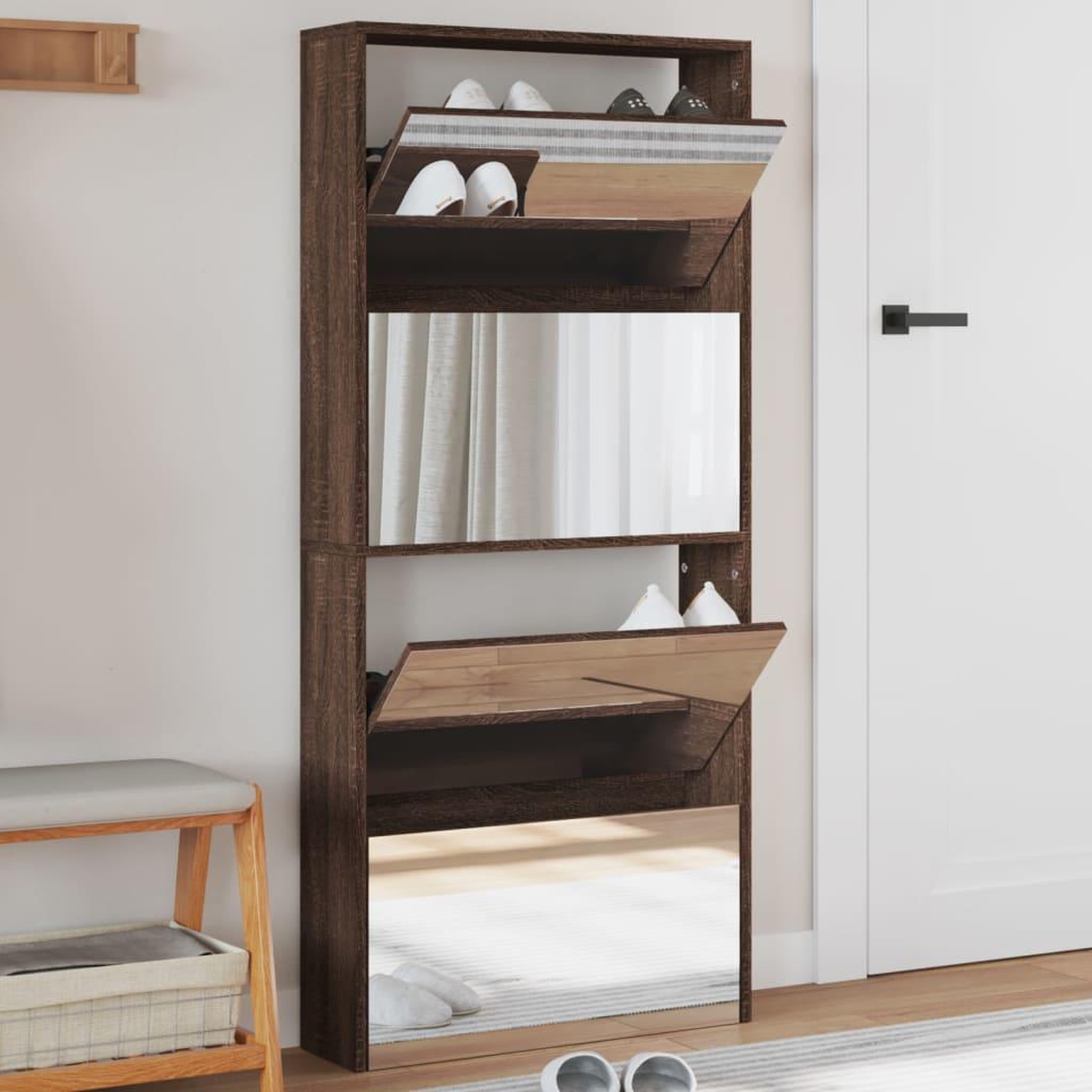 VIDAXL Armoire a chaussures miroir 4 niveaux chene marron 63x17x134 cm