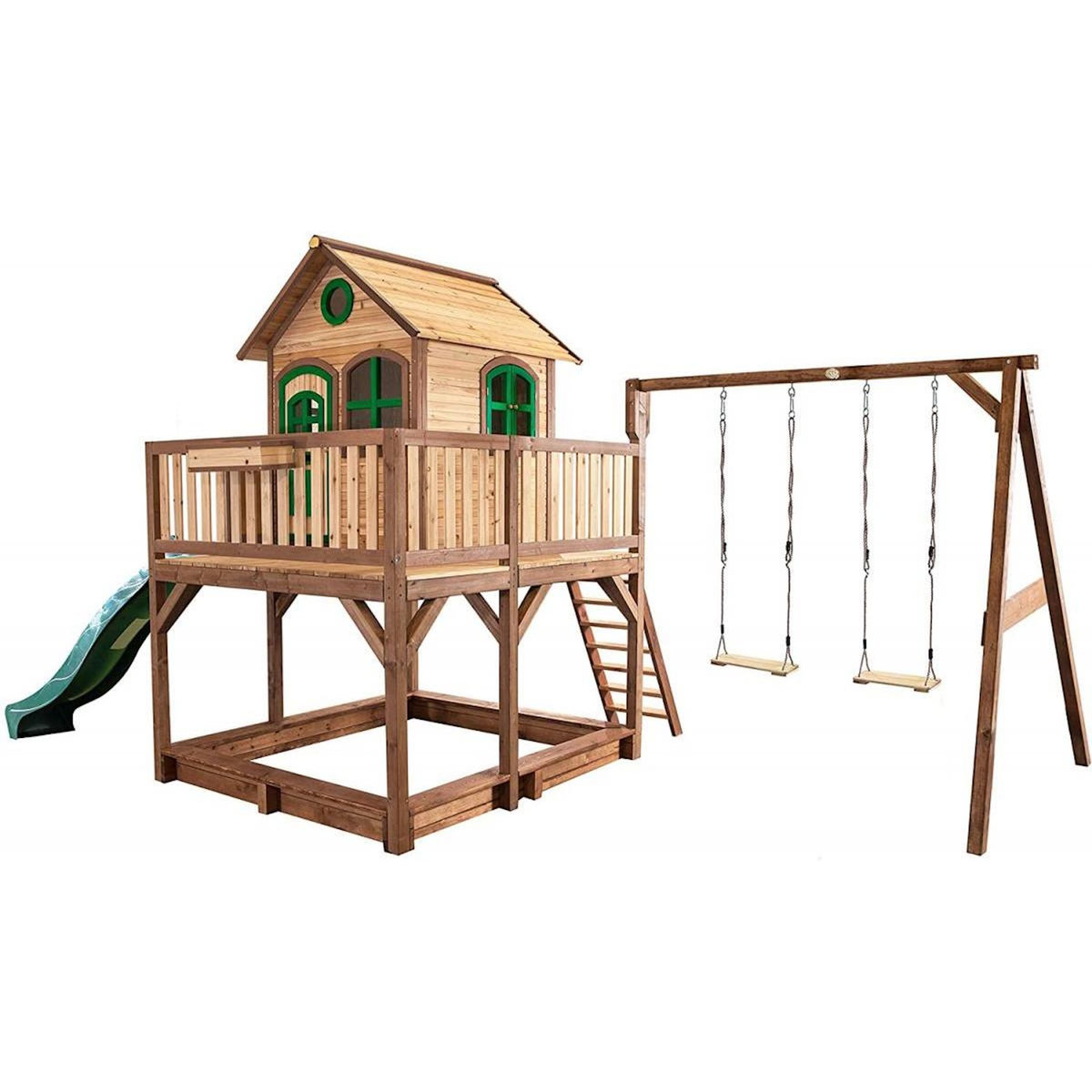 Axi House Axi Maisonnette LIAM Brun Vert avec 2 balancoires toboggan et bac à sable