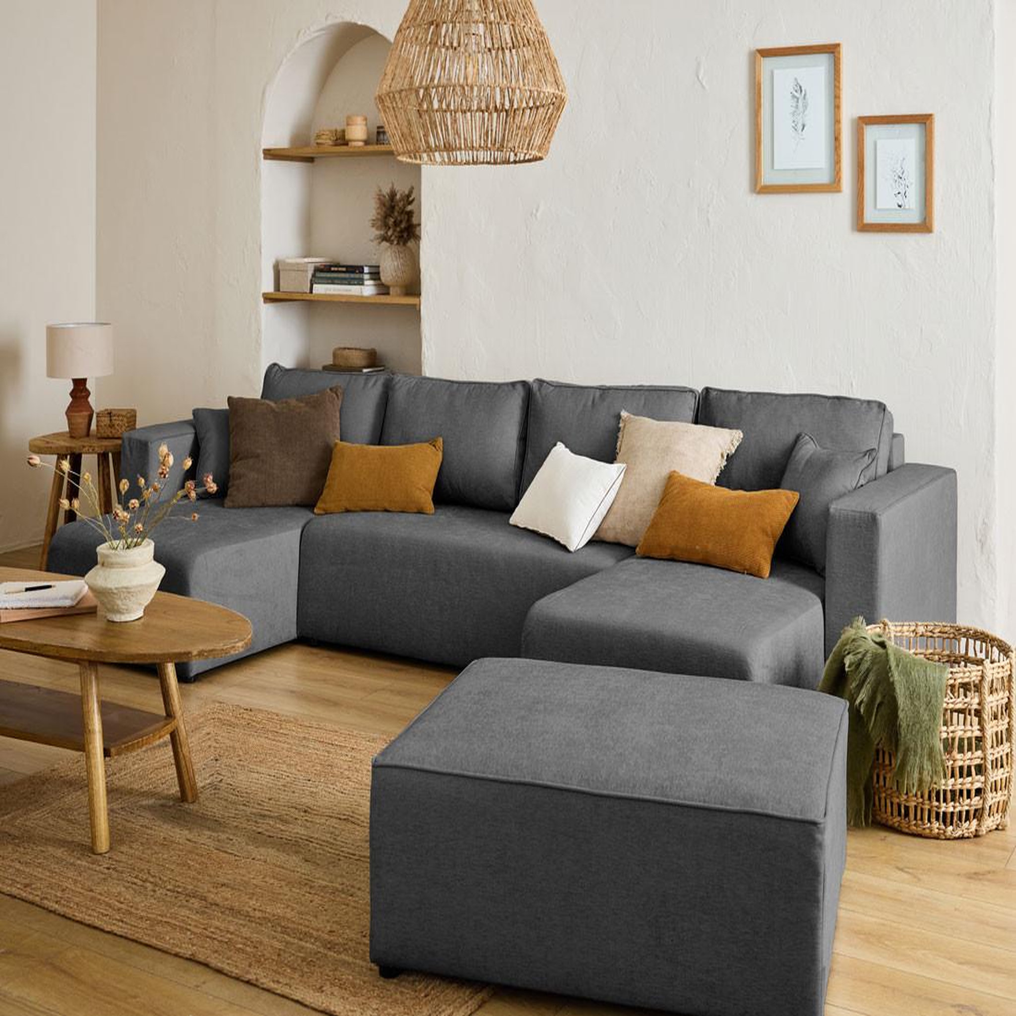 Voir la diapositive 2 : BEST MOBILIER Topaze - canapé panoramique - 7 places - convertible avec coffre - en tissu