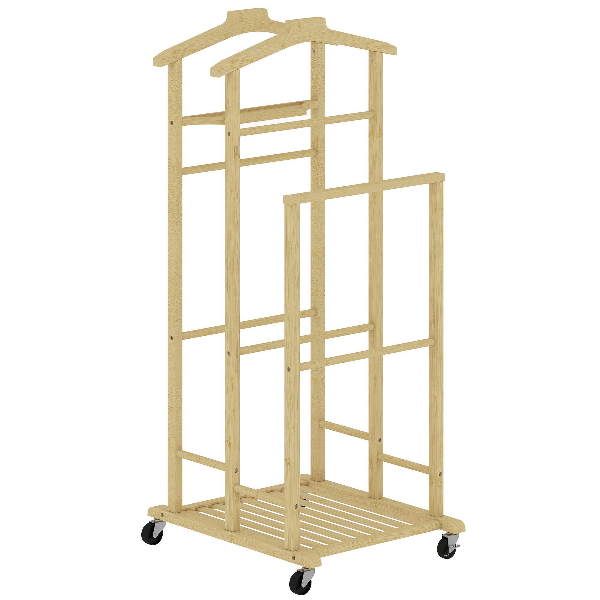 HOMCOM Valet de chambre mobile bois bambou avec portants et étagère