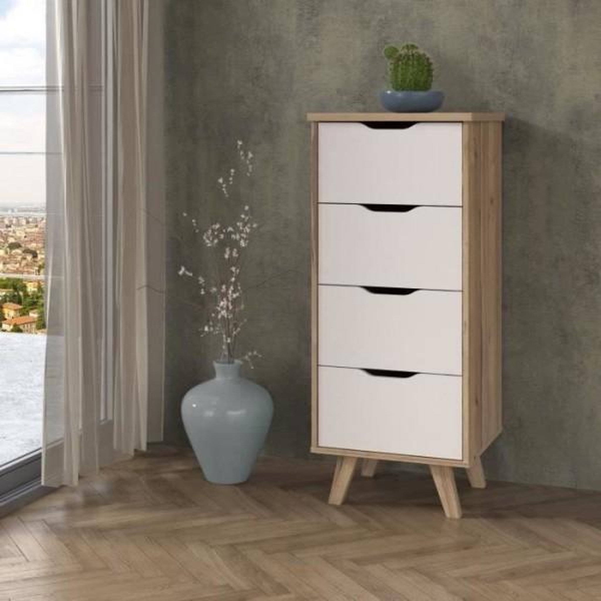 Voir la diapositive 2 : MARKET24 Chiffonnier 4 tiroirs - En panneaux de particules - Décor chene et blanc - Contemporain - L 45 x P 42 x H 108 cm