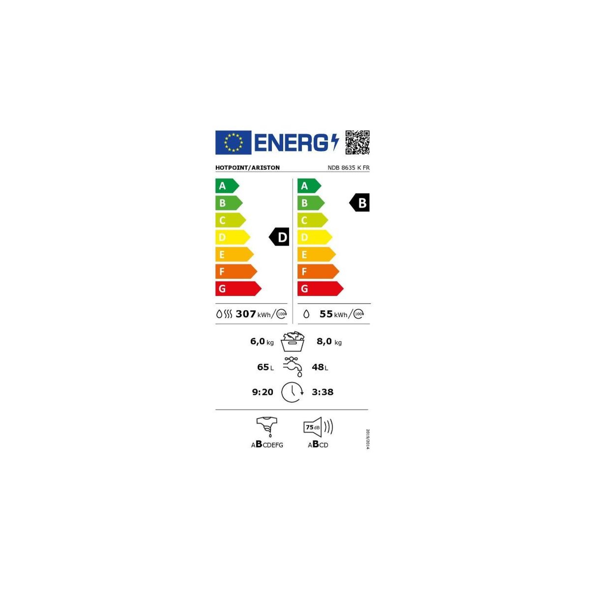 Voir la diapositive 2 : HOTPOINT Lave-linge séchant frontal 8/6kg 1400 tours/min - ndb8635kfr