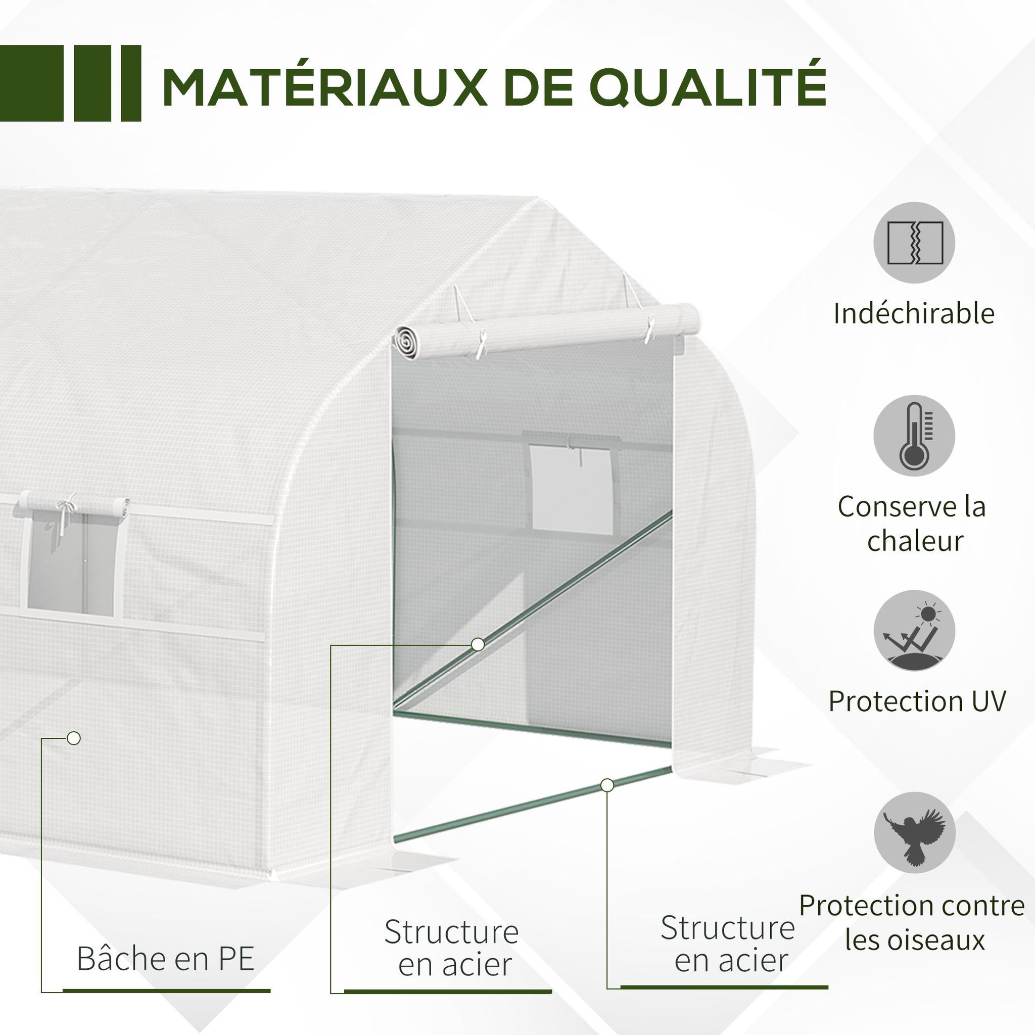 Voir la diapositive 4 : OUTSUNNY Serre tunnel de jardin dim. 5,93l x 3l x 2h m porte + 8 fenêtres enroulables acier galvanisé bâche pe haute densité blanc