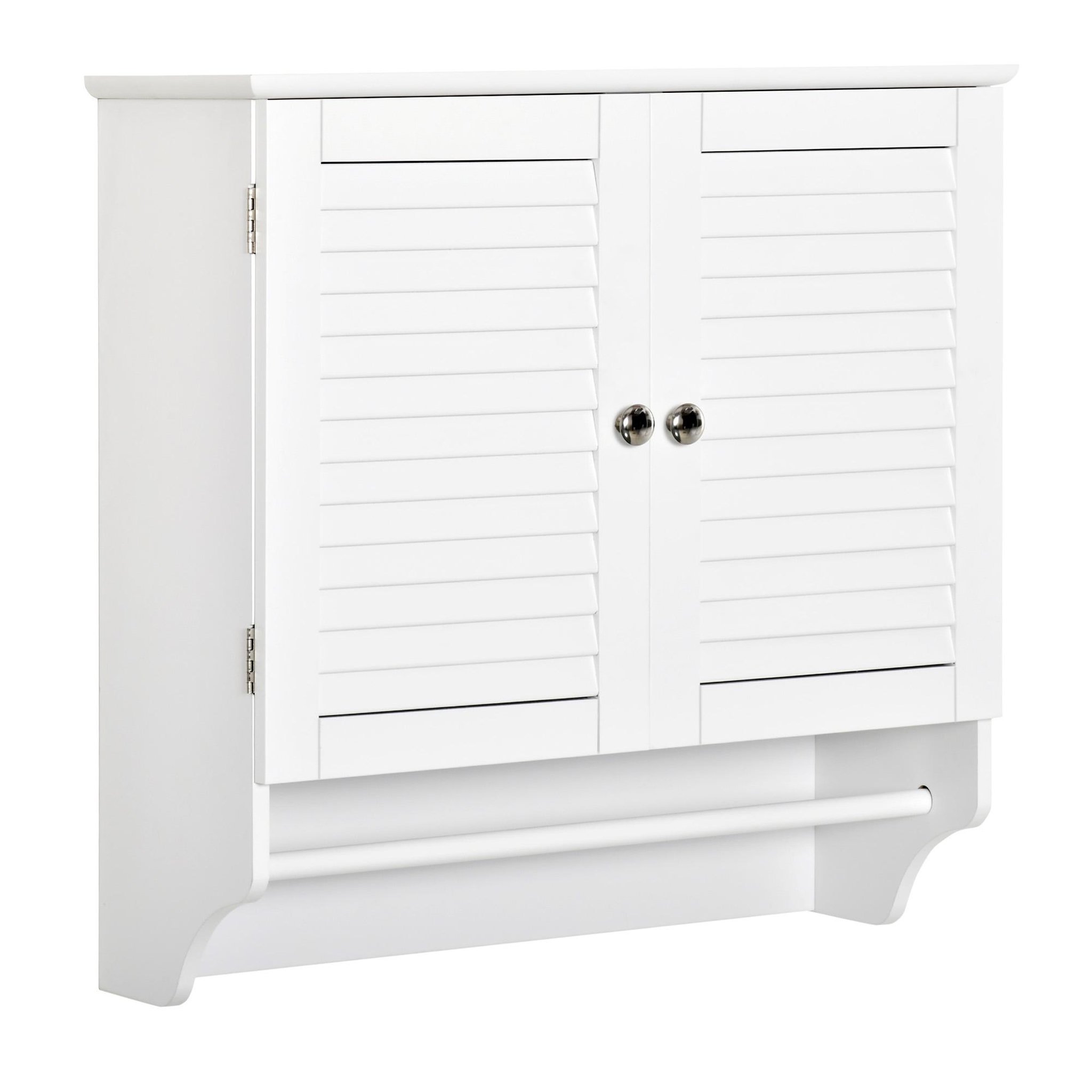 Voir la diapositive 1 : KLEANKIN Armoire haute murale salle de bain ou wc - placard 2 portes persiennes avec étagère - porte-serviette - mdf blanc