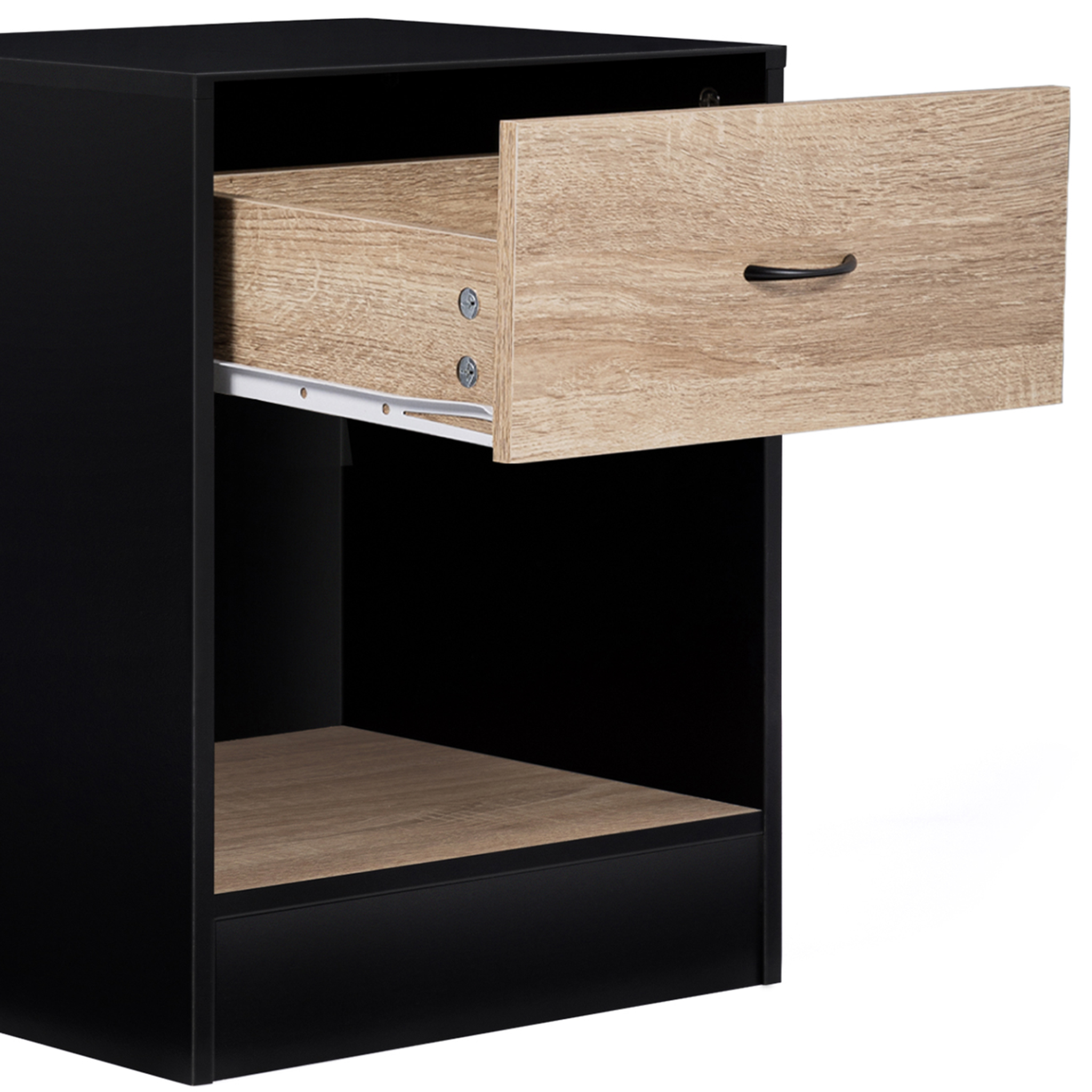Voir la diapositive 4 : ID MARKET Lot de 2 tables de chevet olga 1 tiroir avec niche bois noir et tiroir façon hêtre